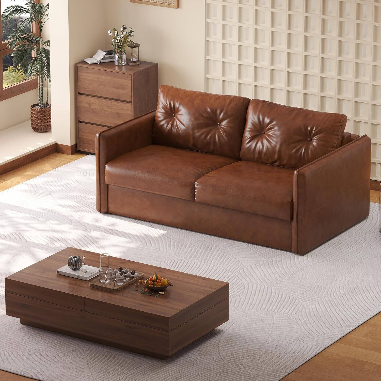 Alt View 4. luck idea - 63" Convertible Sofa Bed, Pull-Out Loveseat with Mattress, Brown PU Leather Couch, Deep Seat Cushion & Metal Frame for R - BROWN.