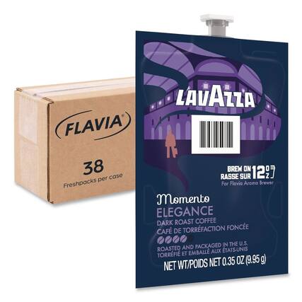FLAVIA LAVAZZA
38 Freshpacks per case
BREW ON 12
RASSE SUR 12
For Flavia Aroma Brewer
Momento ELEGANCE
DARK ROAST COFFEE
CAFÉ DE TORRFACTION FONCÉE
ROASTED AND PACKAGED IN THE U.S.
TORRFI ET EMBALLÉ AUX ÉTATS-UNIS
NET WT/POIDS NET 0.35 OZ (9.95 g)