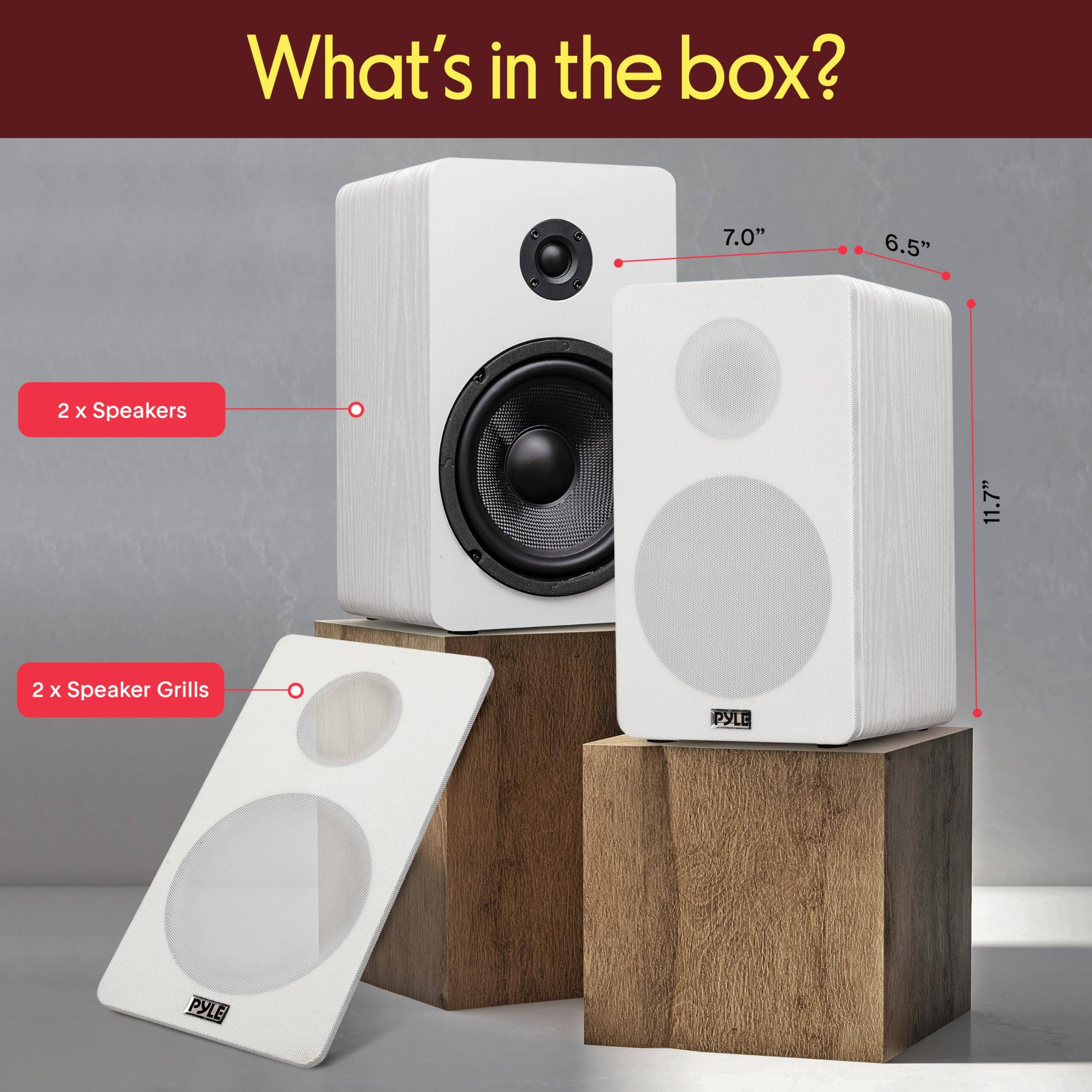 What's in the box?

- 2 x Speakers
- 2 x Speaker Grills

Dimensions:
- 7.0"
- 6.5"
- 11.7"