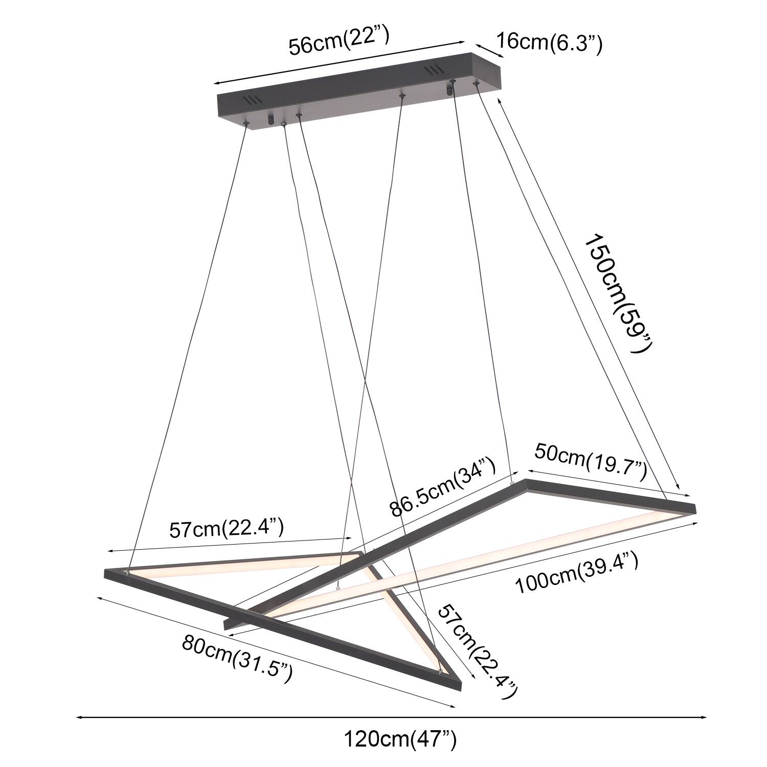 56cm(22")  
16cm(6.3")  
150cm(59")  
50cm(19.7")  
86.5cm(34")  
57cm(22.4")  
100cm(39.4")  
80cm(31.5")  
120cm(47")