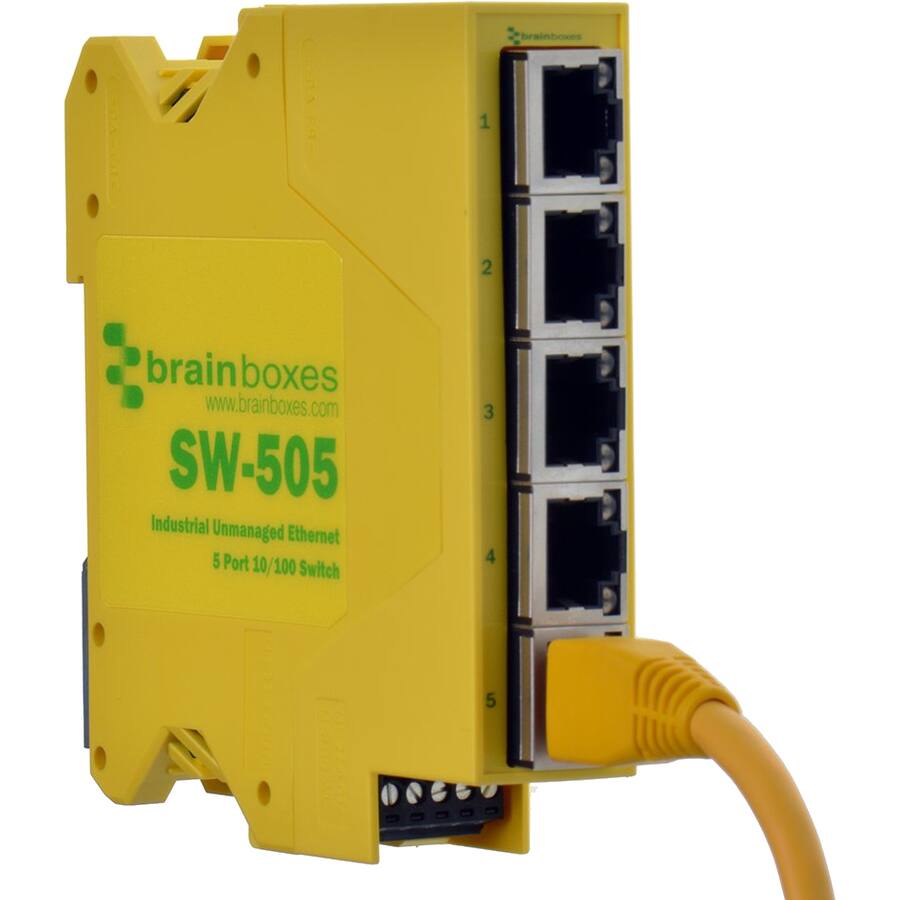 brainboxes  
www.brainboxes.com  
SW-505  
Industrial Unmanaged Ethernet  
5 Port 10/100 Switch