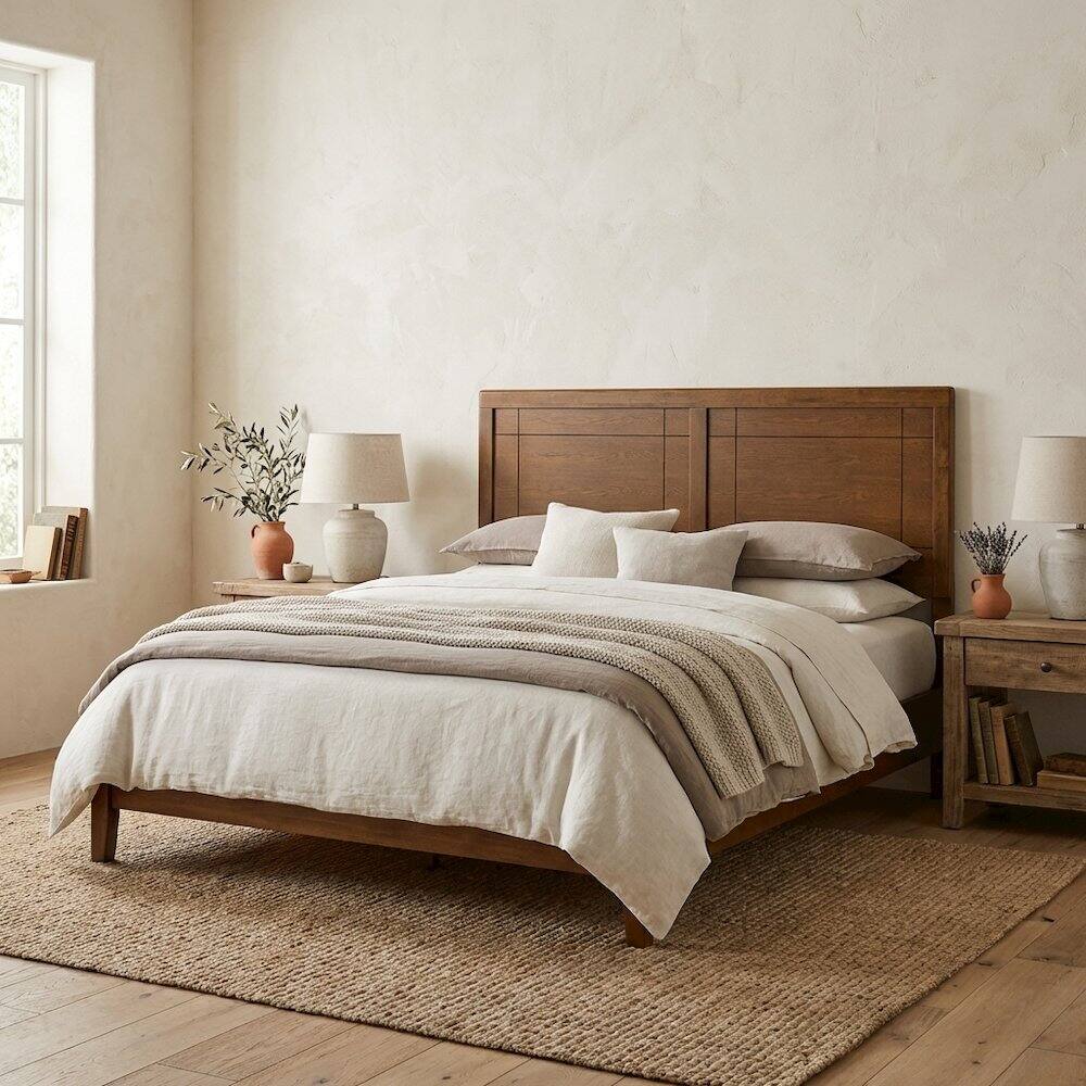 Angle. FurniFact - King Wood Headboard with Durable Construction and Timeless Design - Brown.