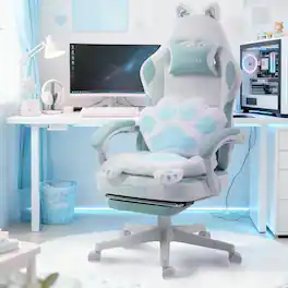 Dowinx - Cute Gaming Chair with Cat Ears and Paw Lumbar Seat Cushion, Ergonomic Computer Chair with Footrest & Headrest - Blue