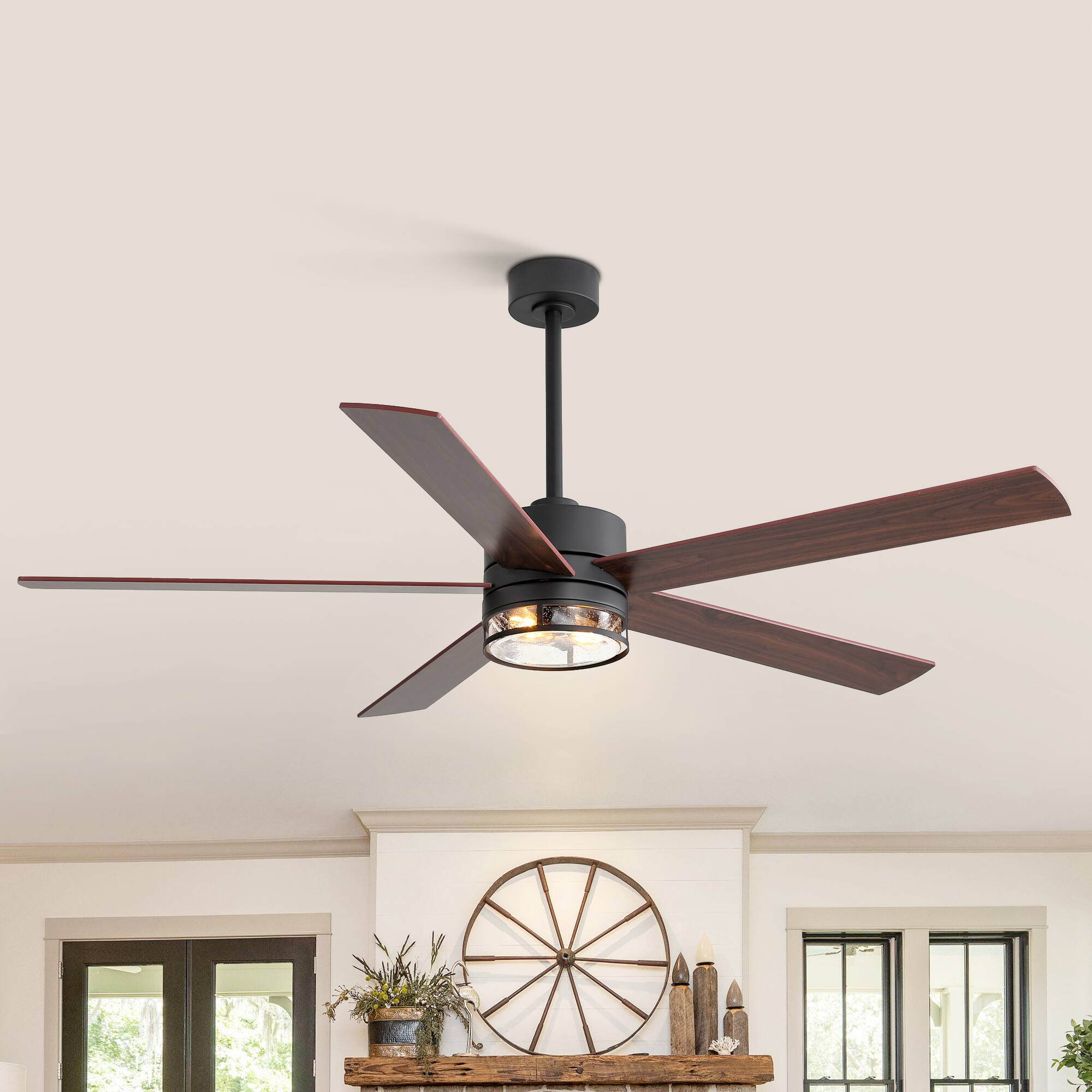 Left. Breezary - 65" Indoor Large Ceiling Fan with E26 Light Socket, Reversible Blade, Remote& 6-Speed DC Motor, 7/15'' Downrods - Black and Dual-Tone Wood Finish.