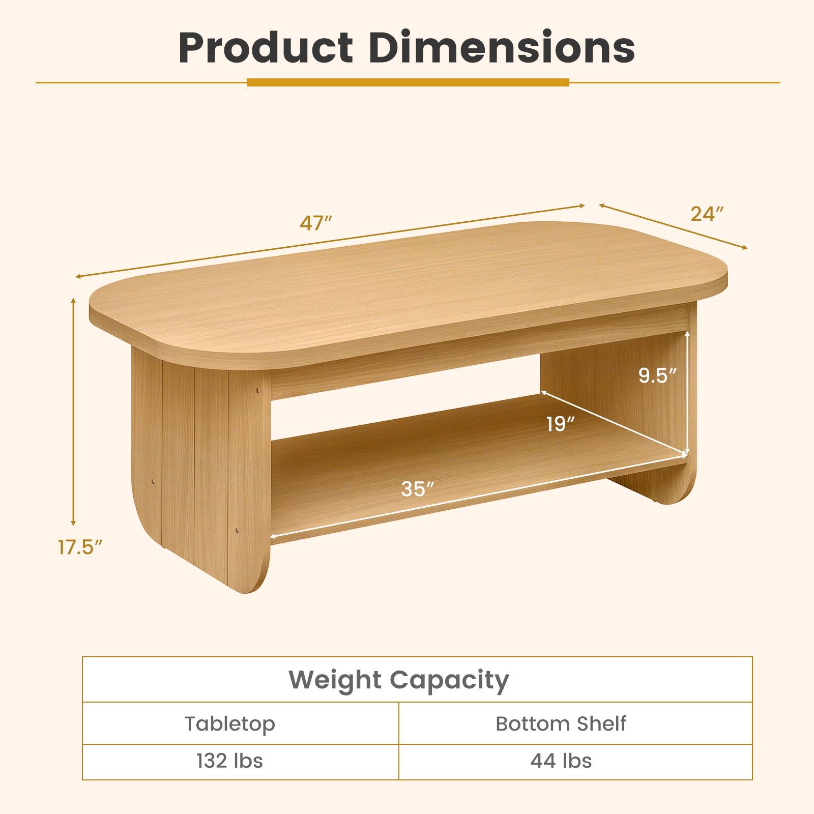 Product Dimensions: 47" x 24" x 9.5" x 19" x 35" x 17.5"  
Weight Capacity:  
- Tabletop: 132 lbs  
- Bottom Shelf: 44 lbs