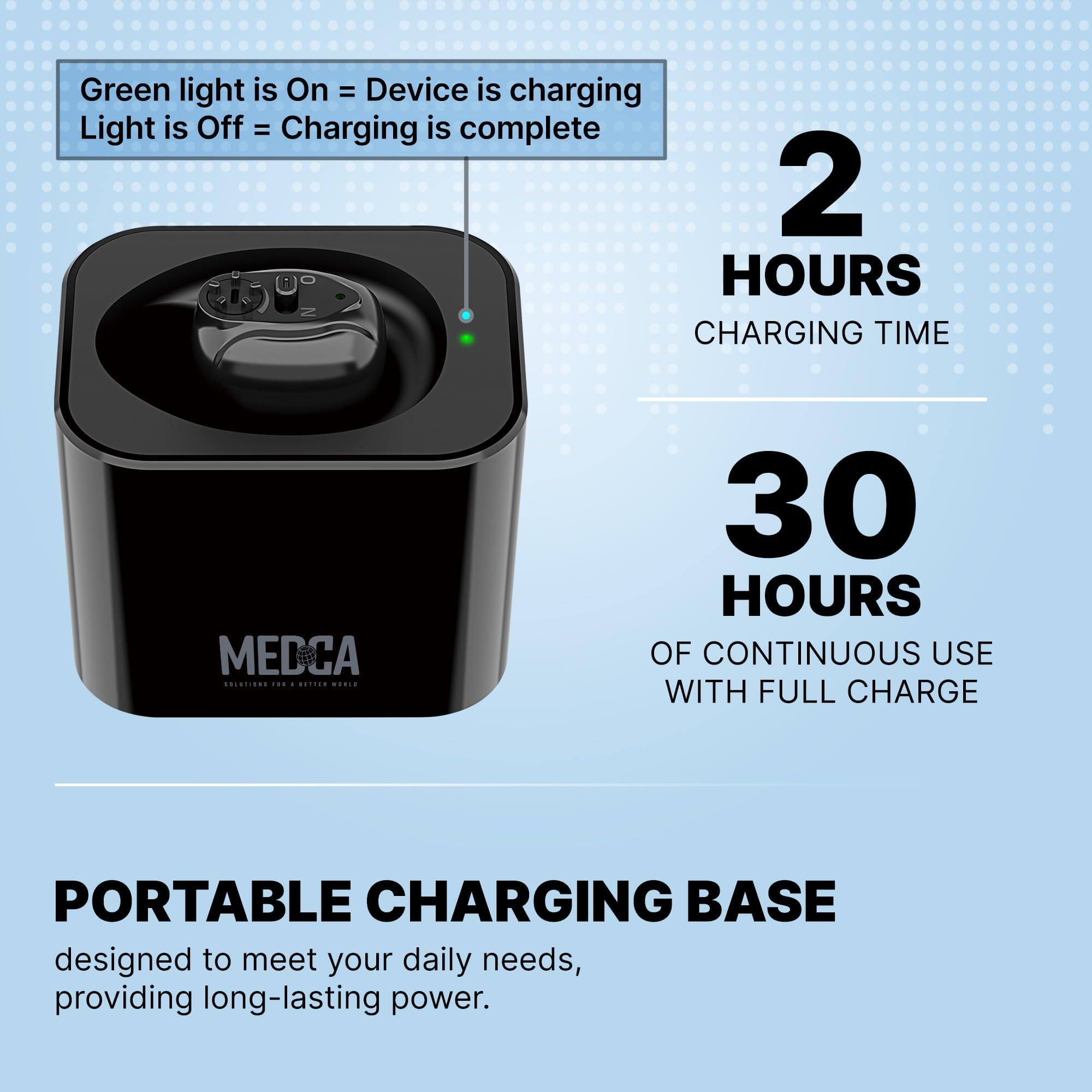 Green light is On = Device is charging  
Light is Off = Charging is complete  

2 HOURS  
CHARGING TIME  

30 HOURS  
OF CONTINUOUS USE WITH FULL CHARGE  

PORTABLE CHARGING BASE  
designed to meet your daily needs, providing long-lasting power.