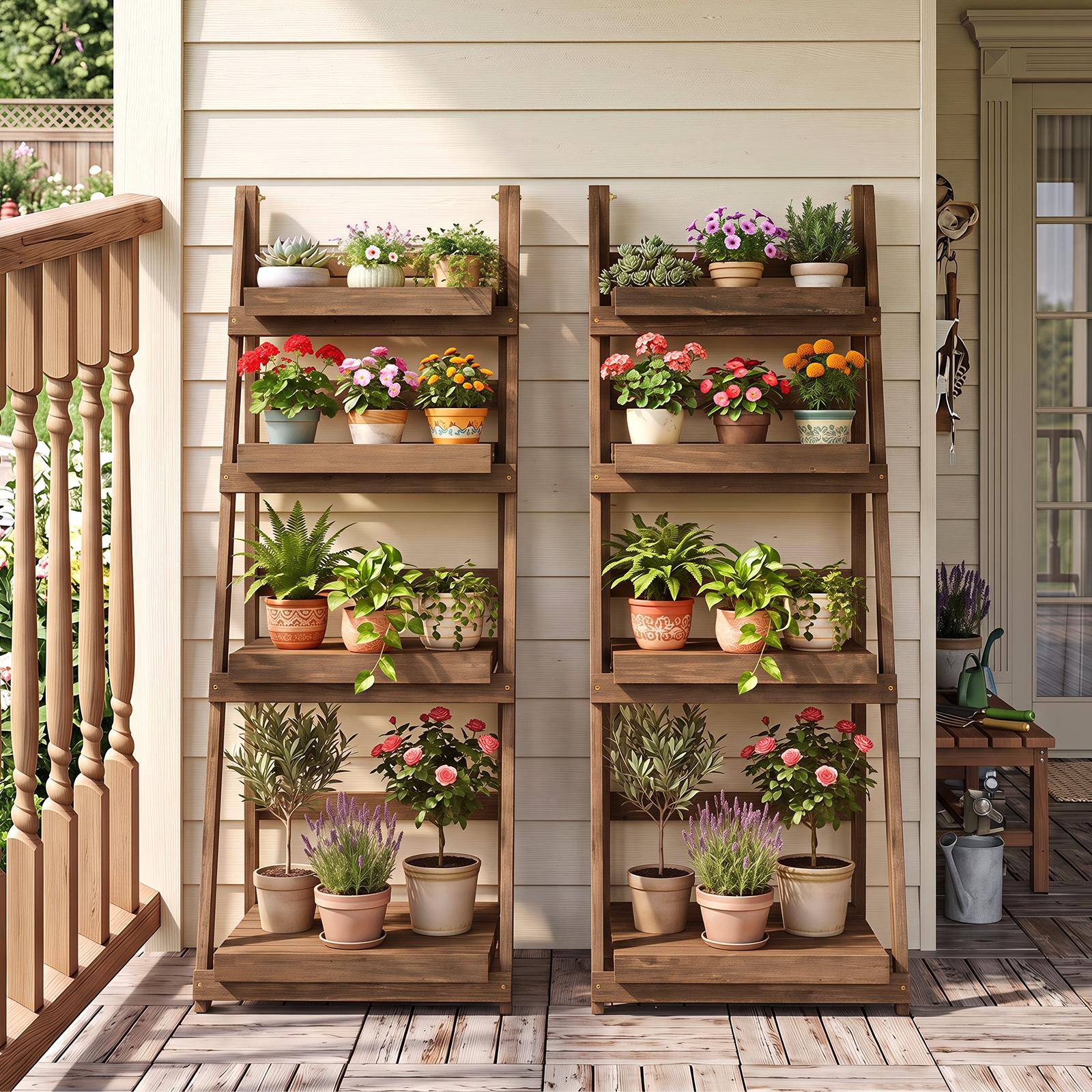 Alt View 1. Costway - Costway 4-Tier Plant Stand Foldable Ladder Plant Shelf with Slatted Shelves, Fir Wood Frame - Brown.