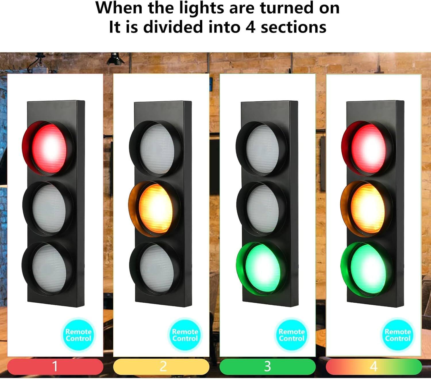 When the lights are turned on, it is divided into 4 sections:

1. Remote Control
2. Remote Control
3. Remote Control
4. Remote Control