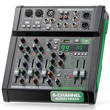 2-TRACK
CTRL ROOM
MAIN OUT
INPUT OUTPUT
MIC/LINE 1
MIC/LINE 2
LOW CUT
HZ
CH3/4
USB
SEND
RETURN
PHONES
GRAIN
PEAK
PAN
FREQ
CLAIN
MAN
HH
CTRL ROOM
POWER
6-CHANNEL AUDIO MIXER
DIGITAL MP3 PLAYER
PMX506
6-CHANNEL AUDIO MIXER