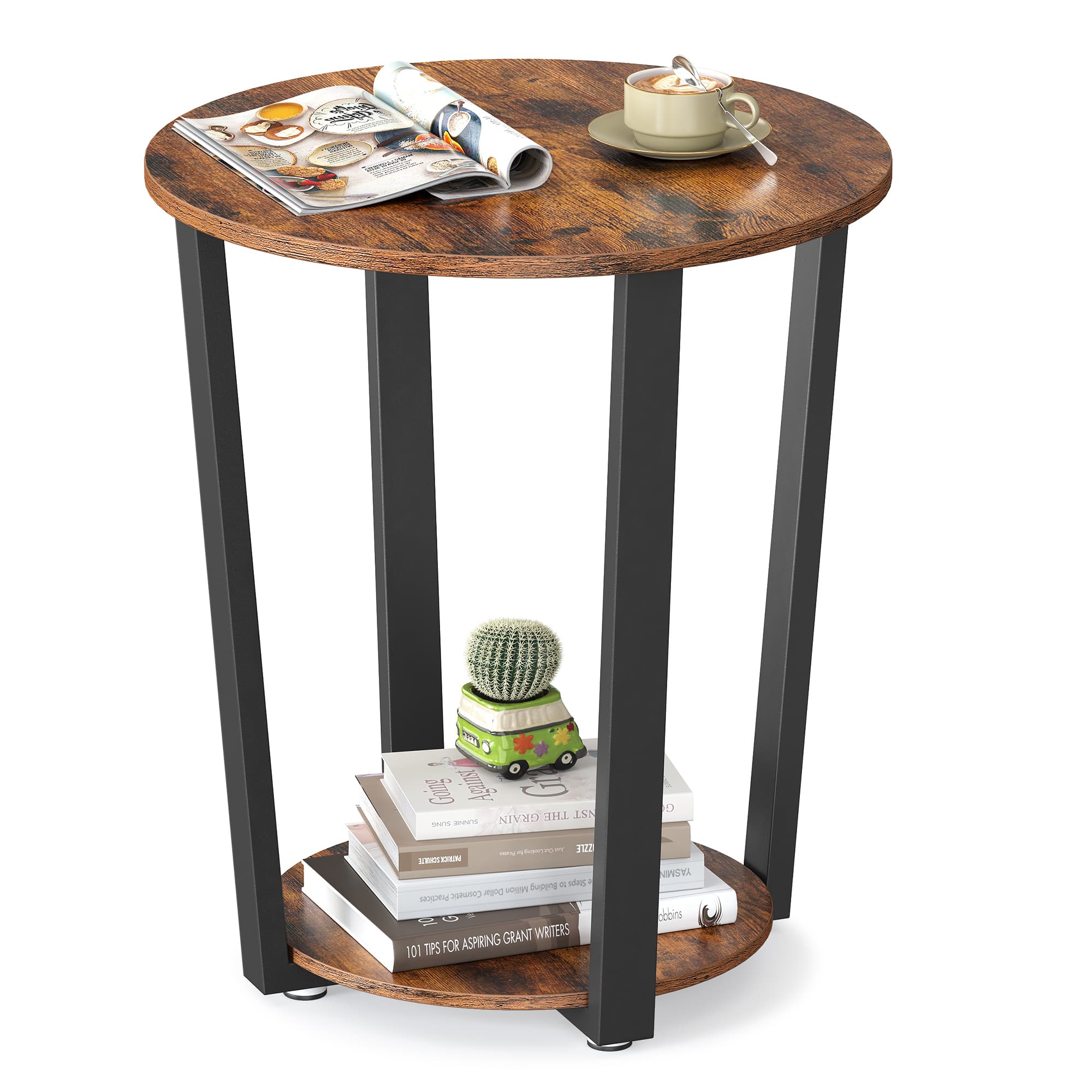 Songmics Home - End Table, Round Side Table with Storage Shelf, Easy Assembly, Industrial Accent Furniture with Steel Frame - Rustic Brown and Black