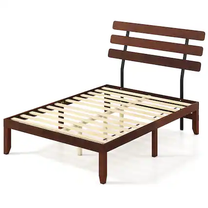 Front. Costway - Costway 15.5 Inch Full Size Bed Frame with Retro Headboard &Under-Bed Storage Space - Walnut.