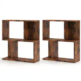 Costway - 2 PCS 3-Tier Bookshelf Geometric Bookcase Side Table with Open Storage Display Shelf - Rustic Brown