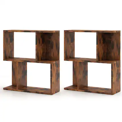 Front. Costway - 2 PCS 3-Tier Bookshelf Geometric Bookcase Side Table with Open Storage Display Shelf - Rustic Brown.