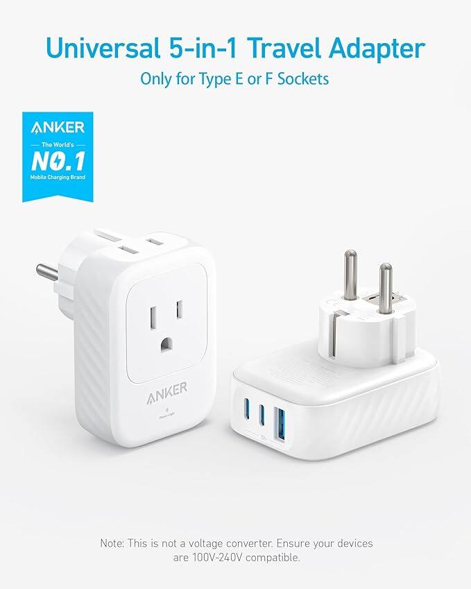 Universal 5-in-1 Travel Adapter  
Only for Type E or F Sockets  

ANKER  
The World's NO.1 Mobile Charging Brand  

Note: This is not a voltage converter. Ensure your devices are 100V-240V compatible.