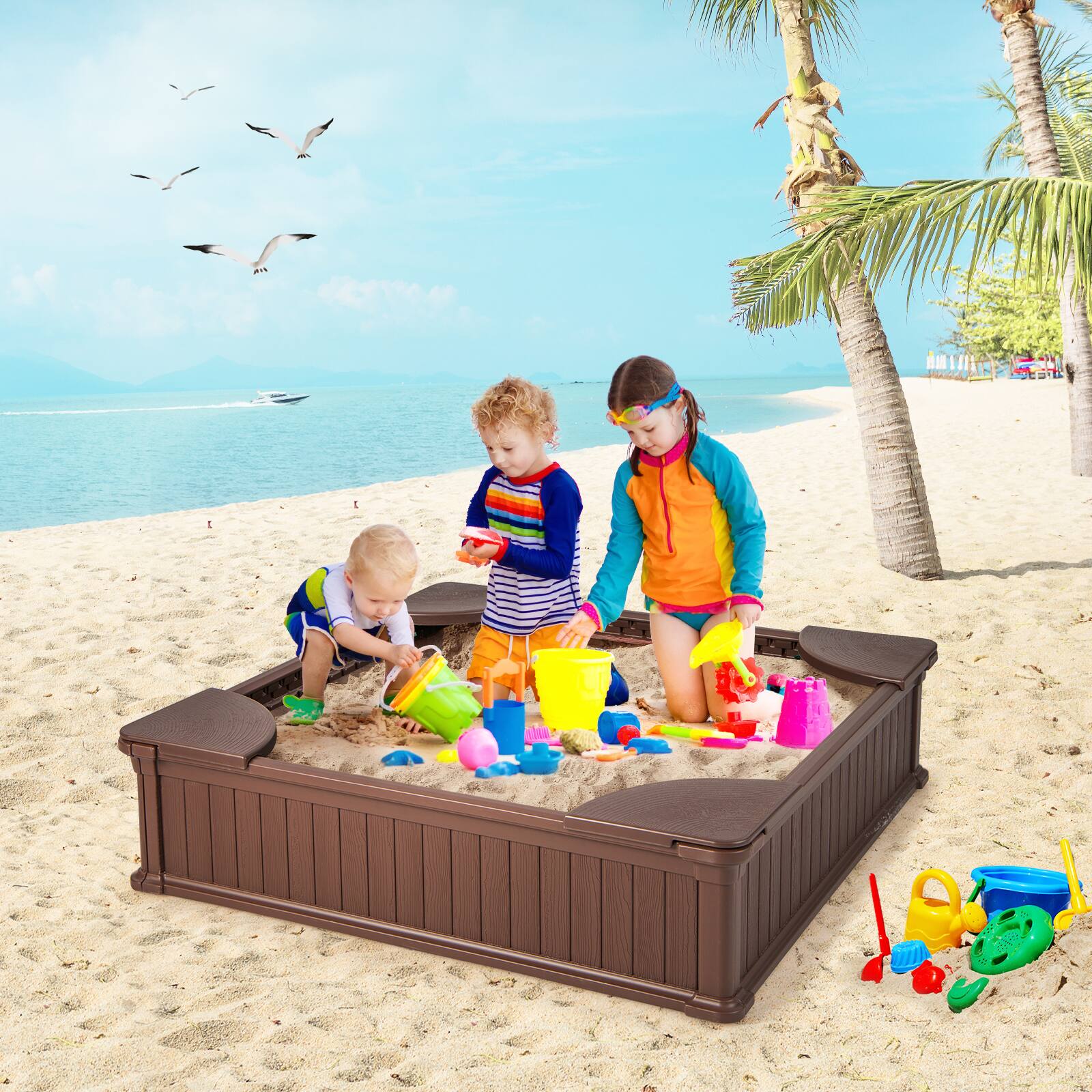 Alt View 8. Costway - Costway Kids Outdoor Sandbox 48.5" x 48.5" x 12.5" Large HDPE Sandpit with Oxford Cover - Brown.