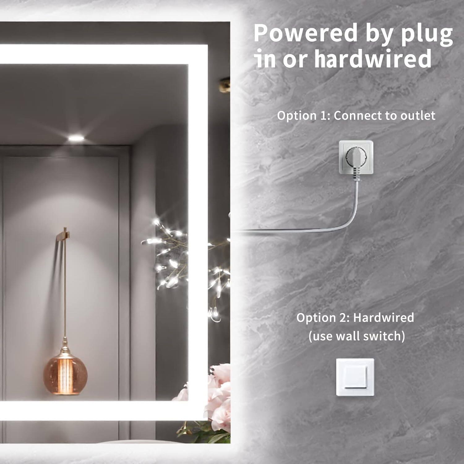 Powered by plug in or hardwired

Option 1: Connect to outlet

Option 2: Hardwired (use wall switch)