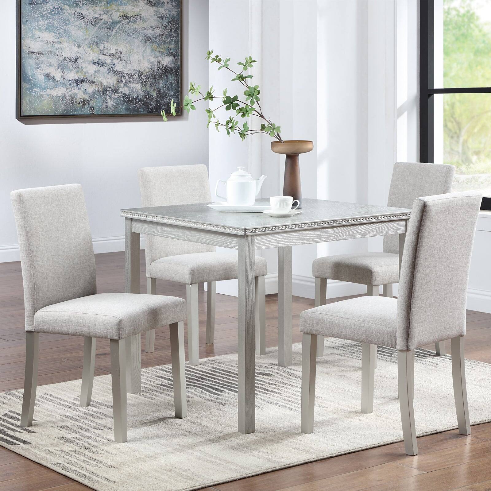 Alt View 1. Boyel Living - 5-Piece Dining Table Set for 4, Wood Top Kitchen Table with 4 Upholstered Chairs - Beige+Silver Gray.
