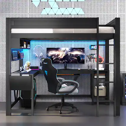 Front. Anysun - Anysun Wood Full Size Gaming Loft Bed with LED and Charging Station, Assembly Required - Black.