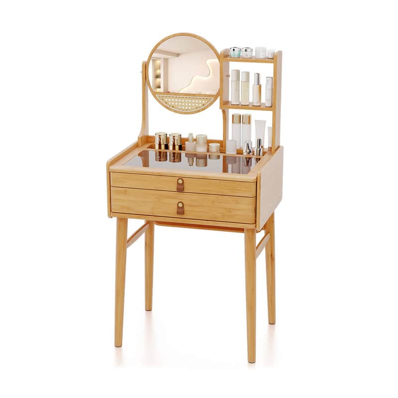 WELLFOR - 23.5‑in Compact Bamboo Makeup Vanity Desk with 360° Rotatable Round Mirror, Tempered Glass Tabletop & 2 Drawers - Natural
