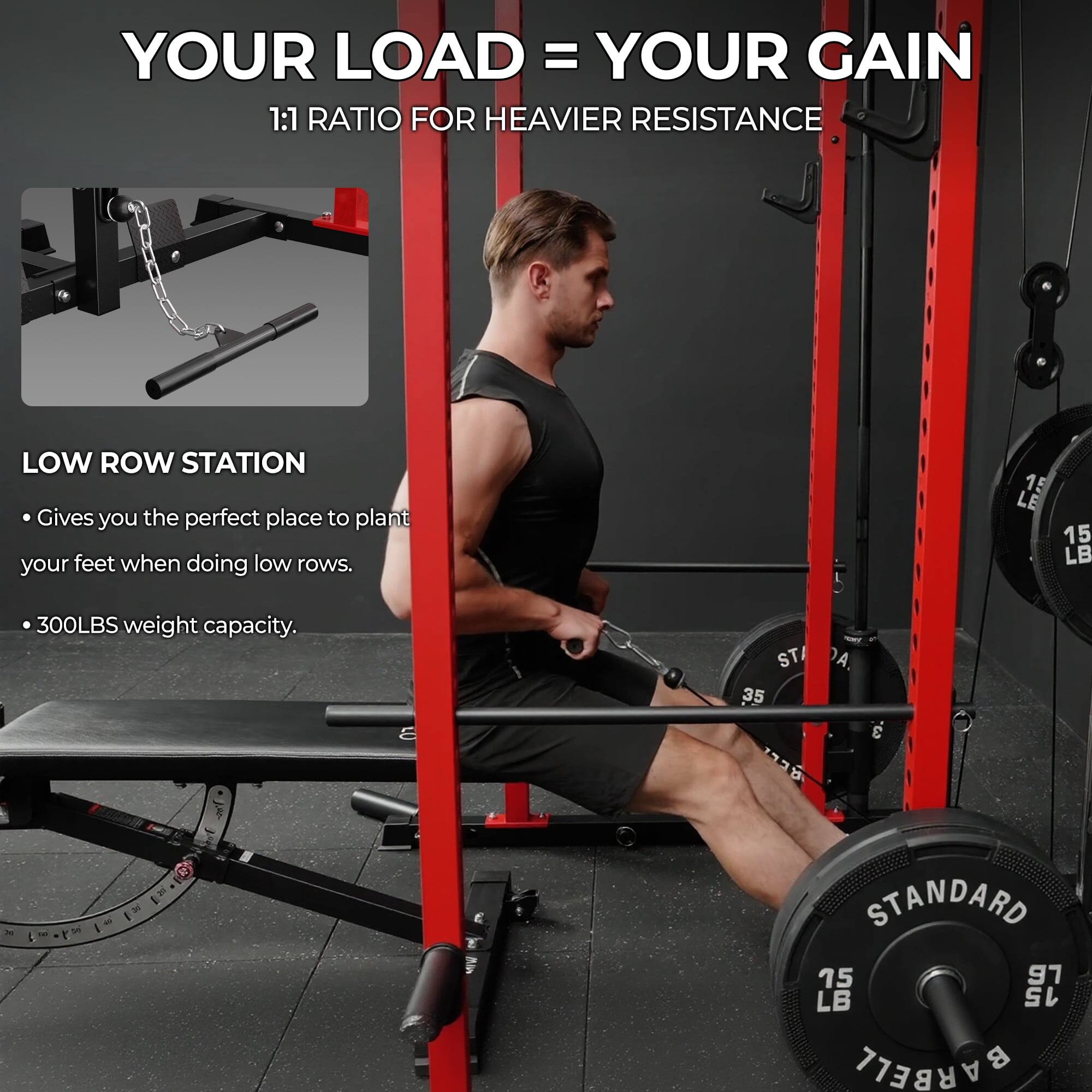YOUR LOAD = YOUR GAIN  
1:1 RATIO FOR HEAVIER RESISTANCE  

LOW ROW STATION  
- Gives you the perfect place to plant your feet when doing low rows.  
- 300LBS weight capacity.  

STANDARD  
15 LB  
75 LB  
35 LB  
1735  
3  
IN  
75  
7 LB  
15 BARBELL