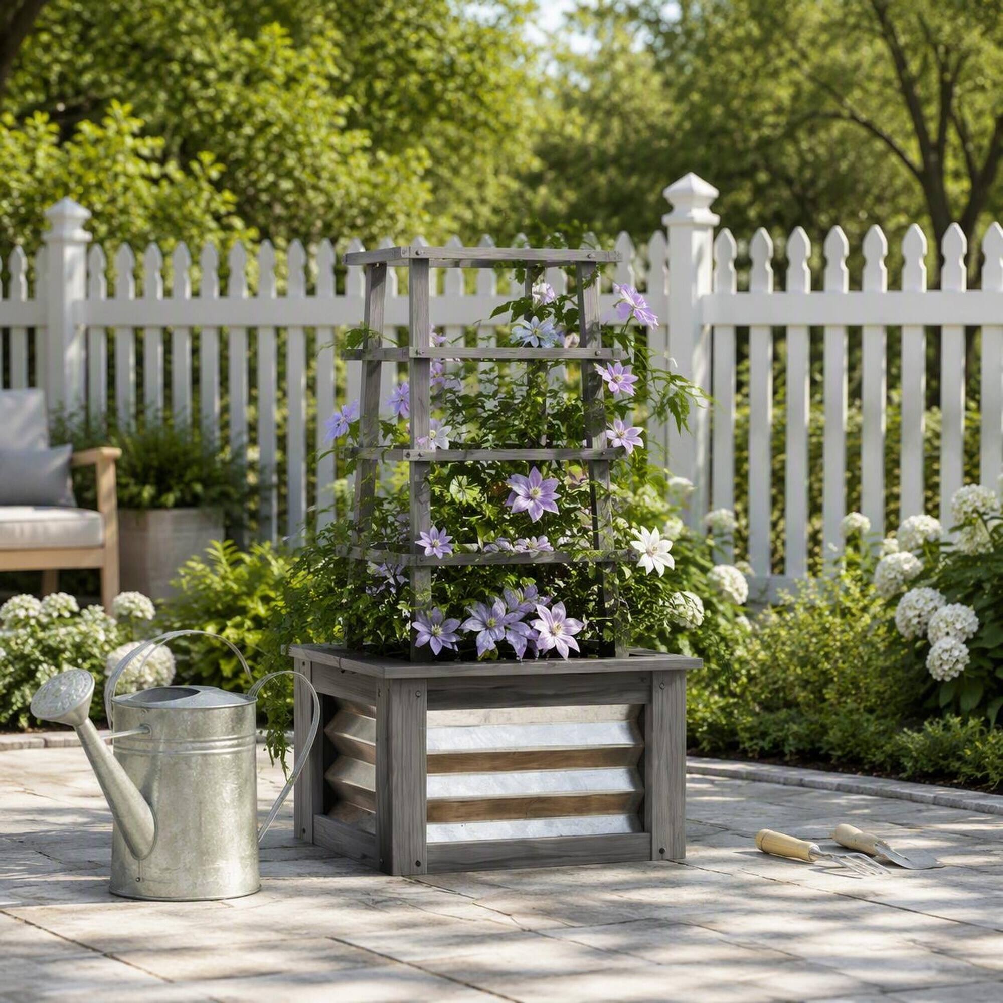 Back. RYHNUYNE - Raised Garden Bed with Trellis, Galvanized Planter Box on Fir Wood Stand for Climbing Plants, Vegetables - Grey.