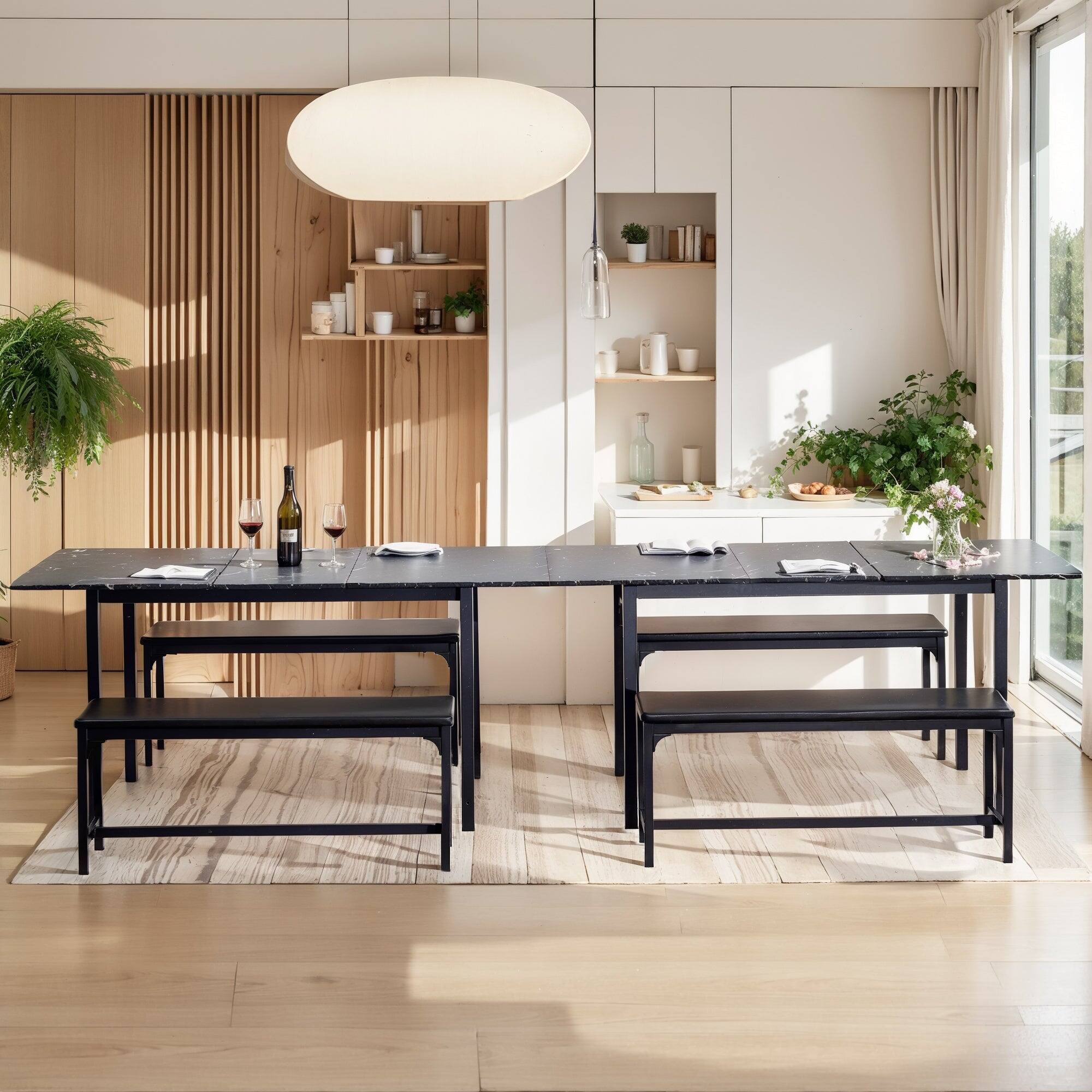 Back. Vecelo - Extendable Dining Set for 2-8: Space Saving Benches, Expandable Farmhouse Table, Waterproof MDF, Black Metal Frame - Black.