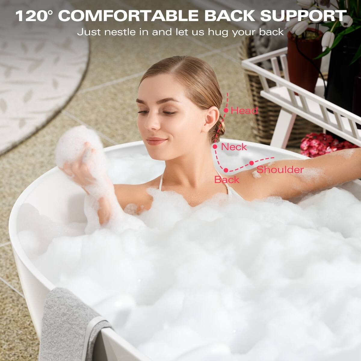 120° COMFORTABLE BACK SUPPORT  
Just nestle in and let us hug your back

Head  
Neck  
Shoulder  
Back