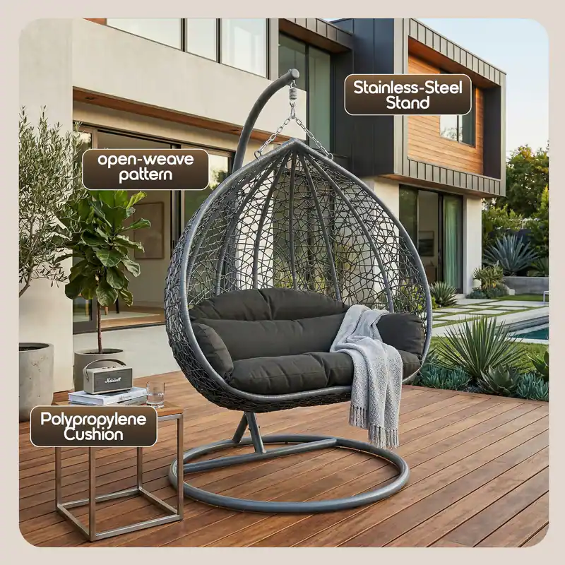 Polyester Value Chain LeisureMod Recluse Teardrop Grey Wicker Hanging Egg Chair Modern Indoor ...