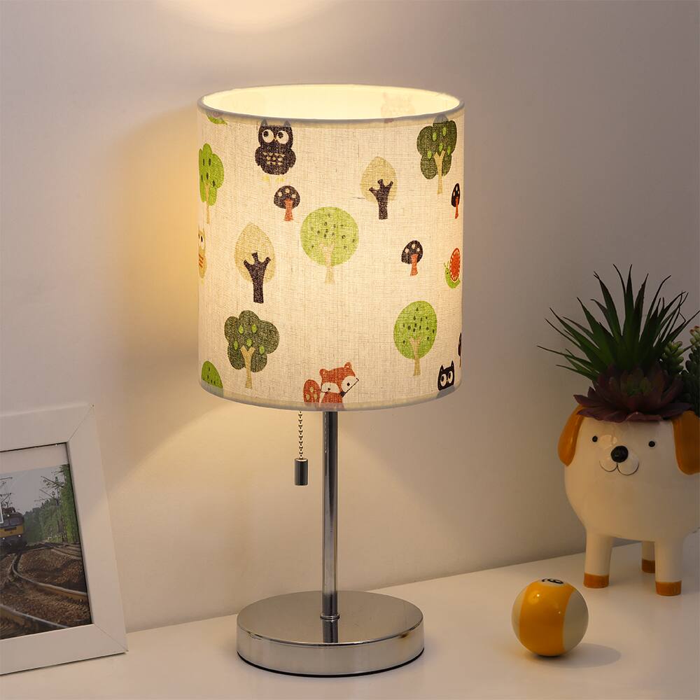 Back. Oumilen - Owl Tree Pattern Fabric Shade Table Lamp with Chrome Base.