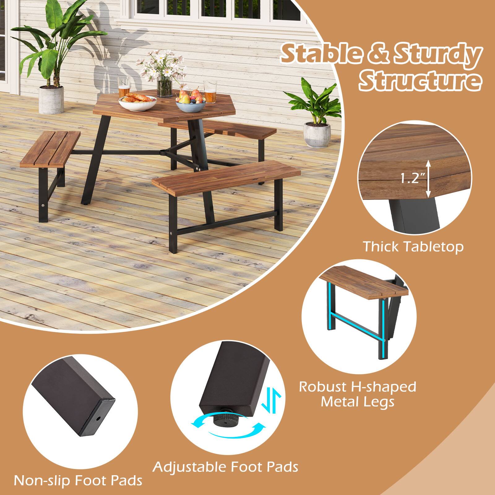 Stable & Sturdy Structure

- 1.2" Thick Tabletop
- Robust H-shaped Metal Legs
- Adjustable Foot Pads
- Non-slip Foot Pads