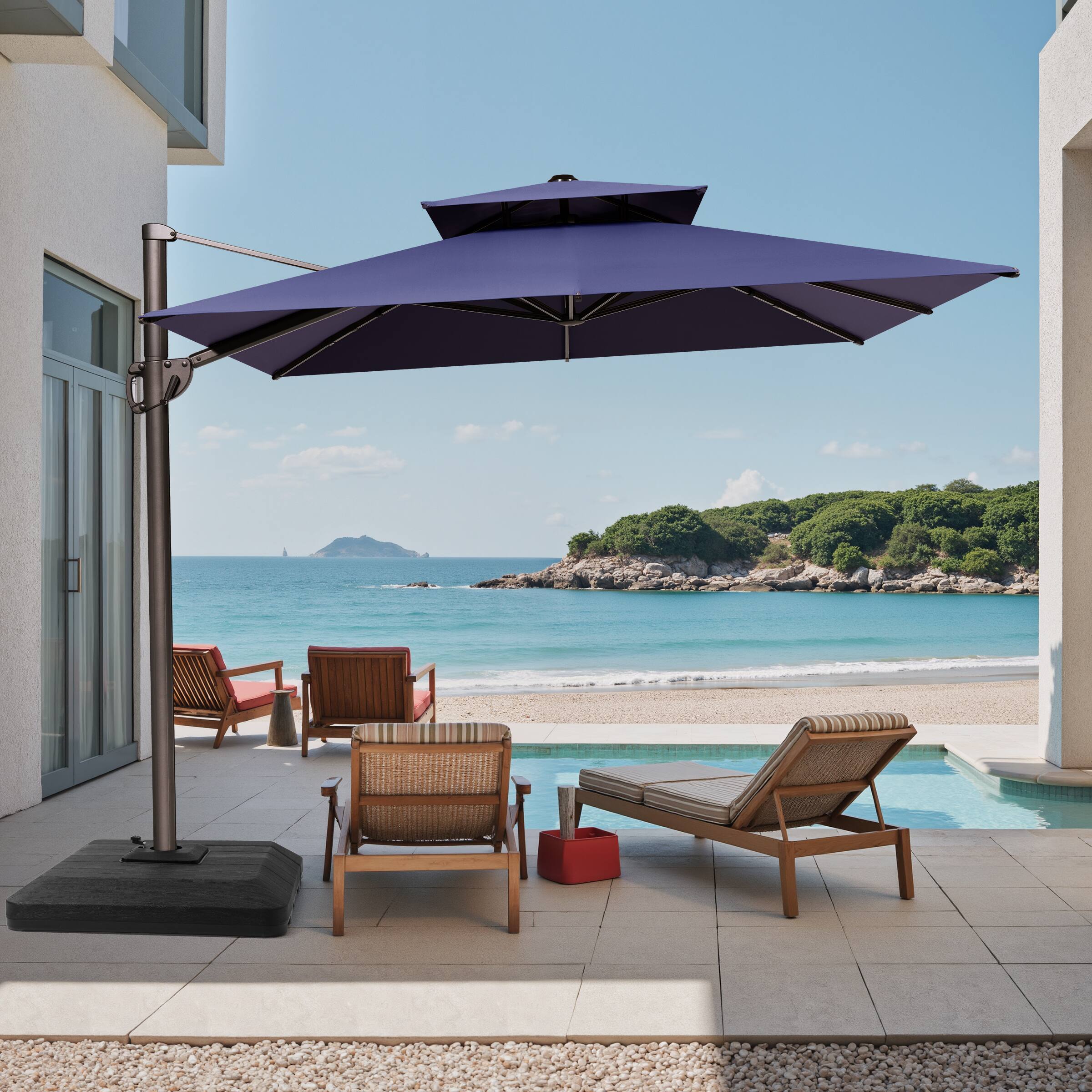 Back. Crestlive Products - Crestlive Products 11-ft Aluminum Navy Blue Slide-tilt Cantilever Patio Umbrella with Base - Navy blue.