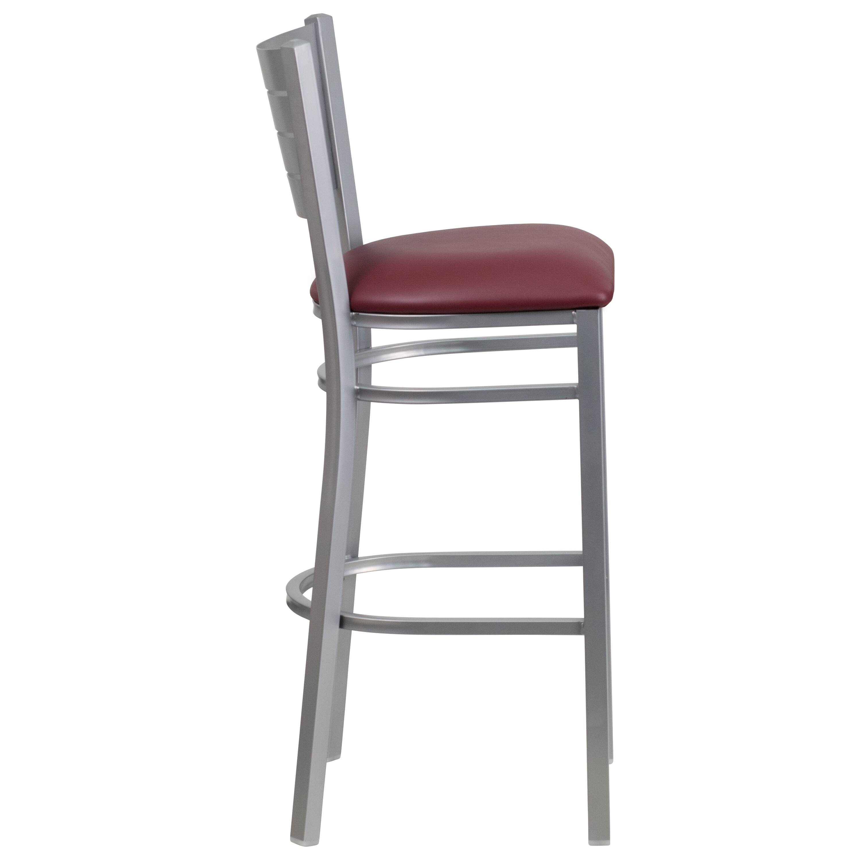Alt View 5. Emma + Oliver - 2 Pack Silver Slat Back Metal Restaurant Barstool - Burgundy Vinyl Seat/Silver Frame.