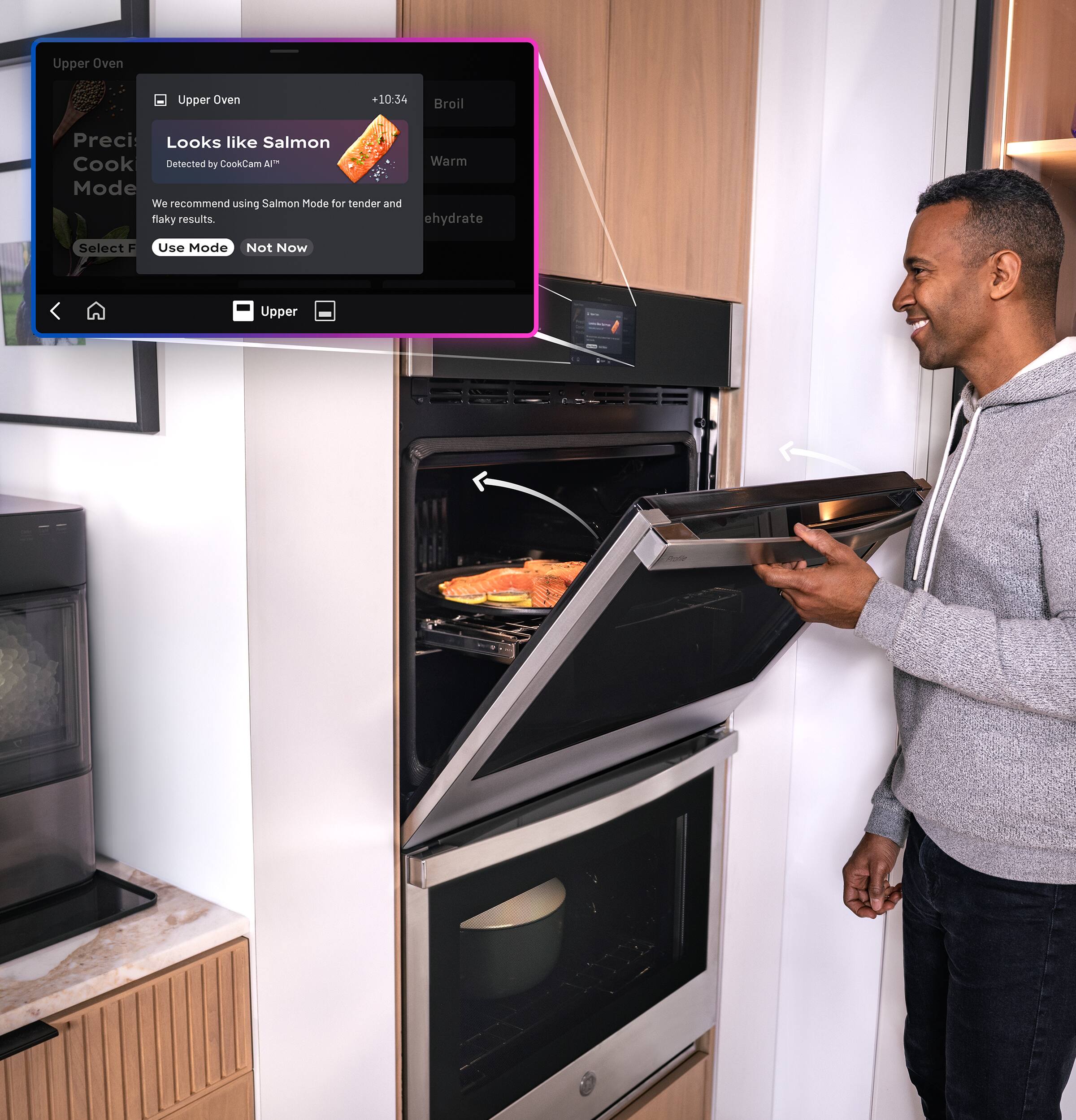 Upper Oven
+10:34
Broil
Preci Cook Mode
Looks like Salmon Cook Detected by CookCam AI
We recommend using Salmon Mode for tender and flaky results.
Select F
Use Mode Not Now
Upper