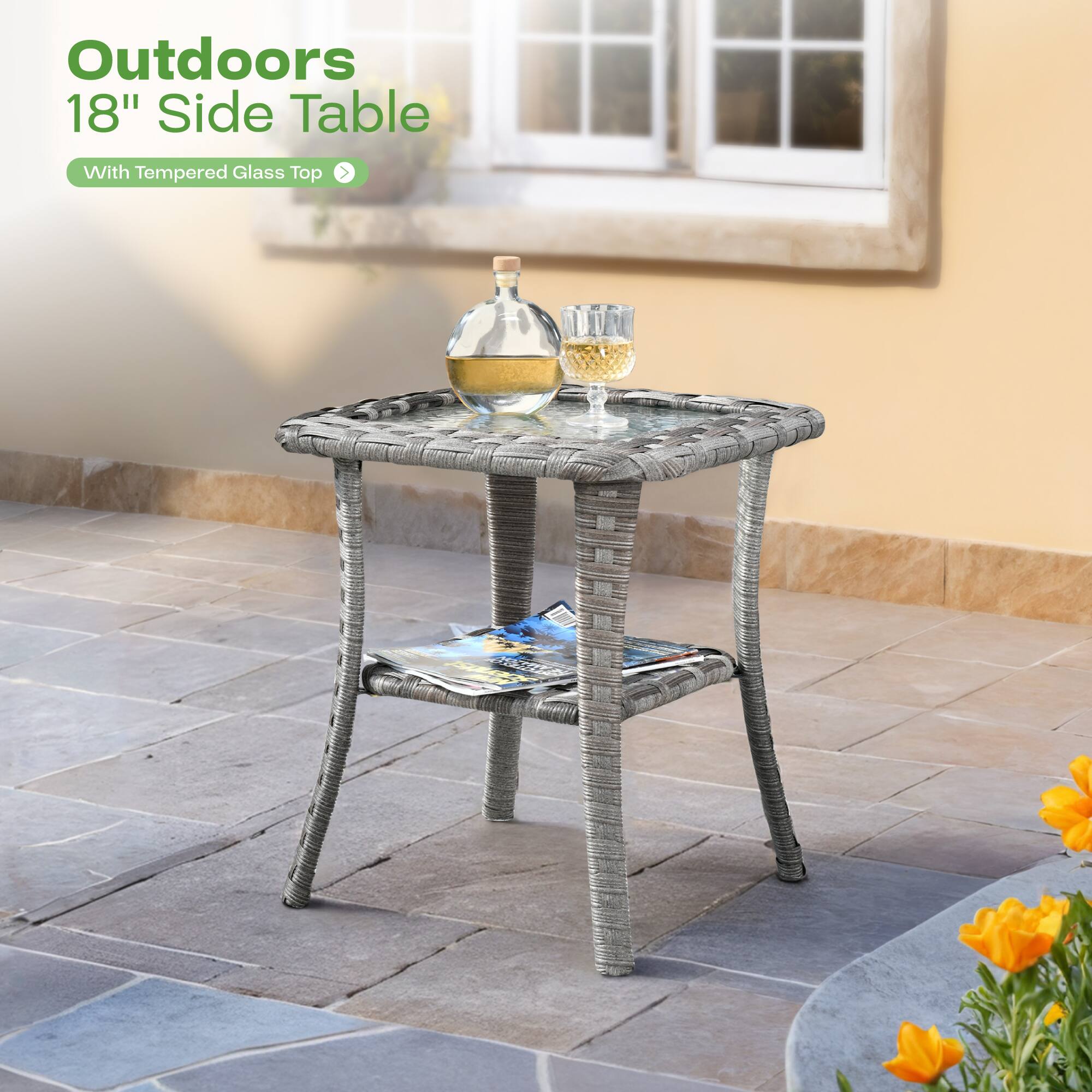 Outdoors  
18" Side Table  
With Tempered Glass Top