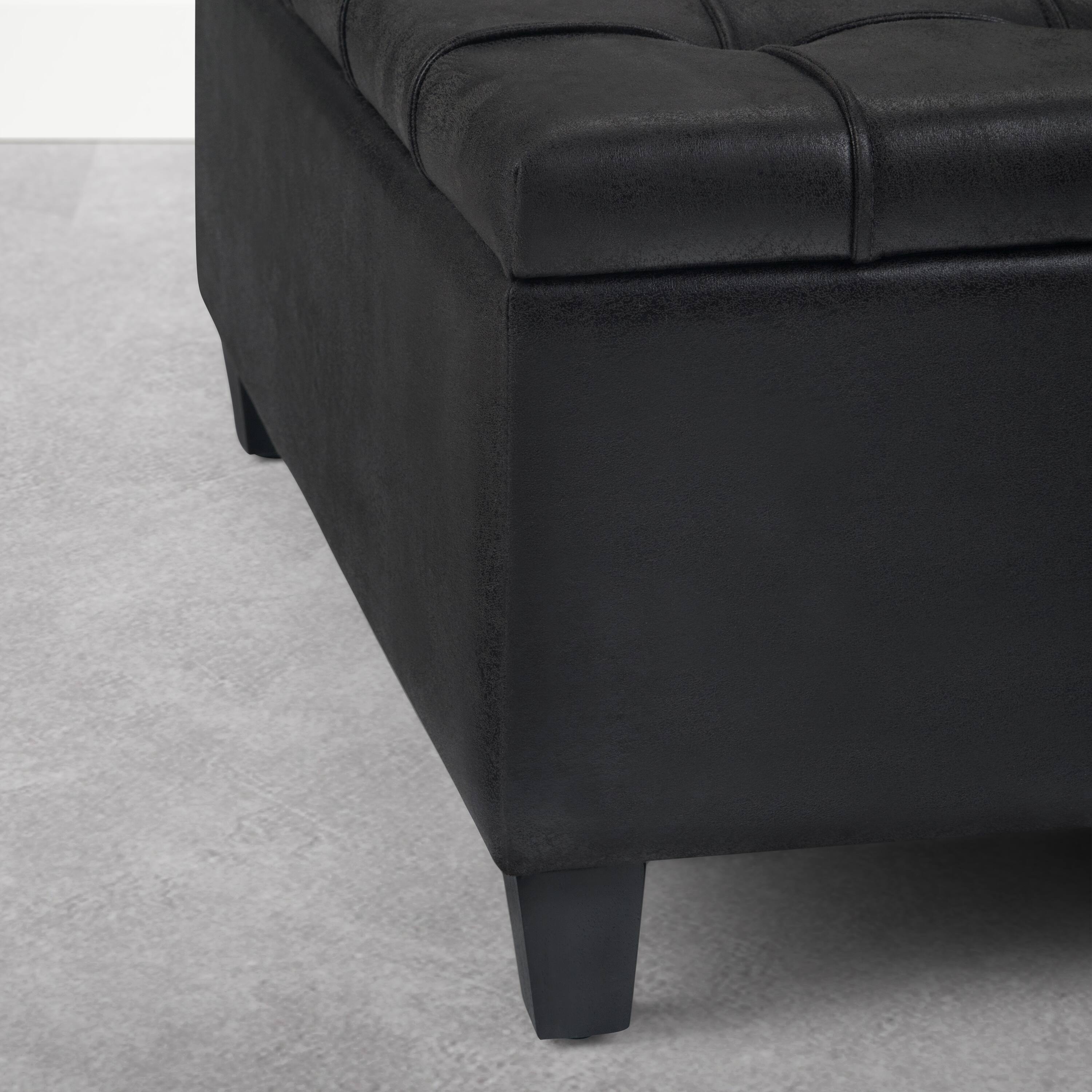 Alt View 1. Simpli Home - Harrison 36 inch Wide Upholstered Solid Wood Square Storage Ottoman, Distressed Graphite Black - Distressed Graphite Black.