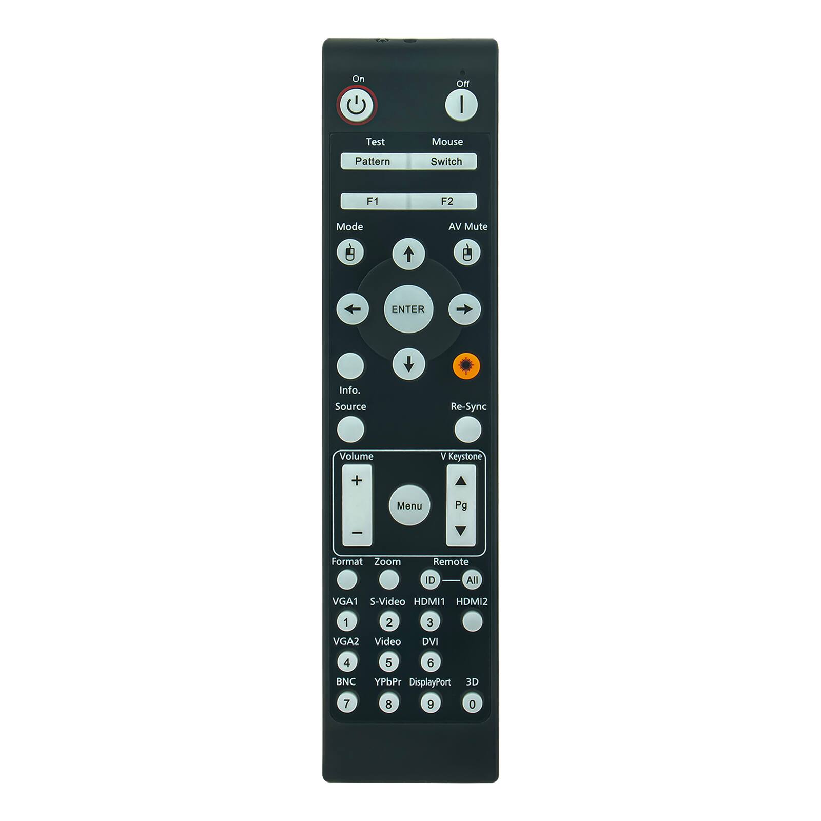 - On
- Off
- Test
  - Pattern
  - F1
  - F2
- Mode
  - AV Mute
- ENTER
- Info. Source
- Re-Sync
- Volume
  - +
  - -
- Menu
- Format
- Zoom
- Remote
  - ID
  - All
- VGA1
- S-Video
- HDMI1
- HDMI2
- DVI
- DisplayPort
- 3D
- 1
- 2
- 3
- 4
- 5
- 6
- 7
- 8
- 9
- 0
- BNC
- YPbPr
- V Keystone
- Pg
- Mouse
- Switch