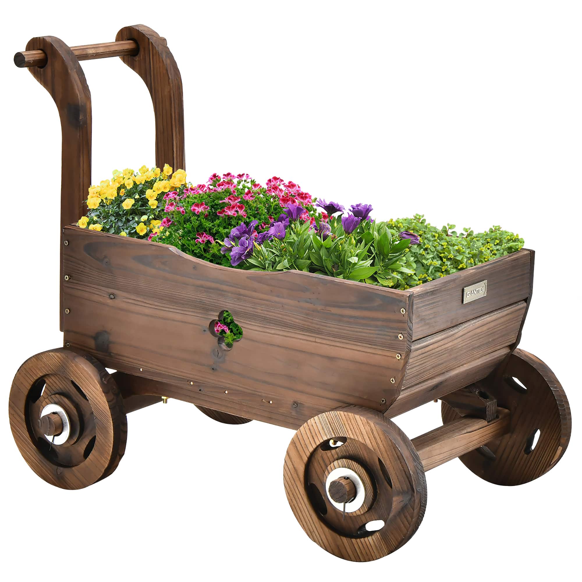 Costway - Decorative Wagon Cart Plant Flower Pot Stand Wooden Raised Garden Planter Box - Rustic Brown