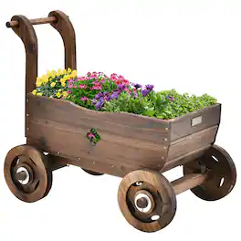 Costway - Decorative Wagon Cart Plant Flower Pot Stand Wooden Raised Garden Planter Box - Rustic Brown