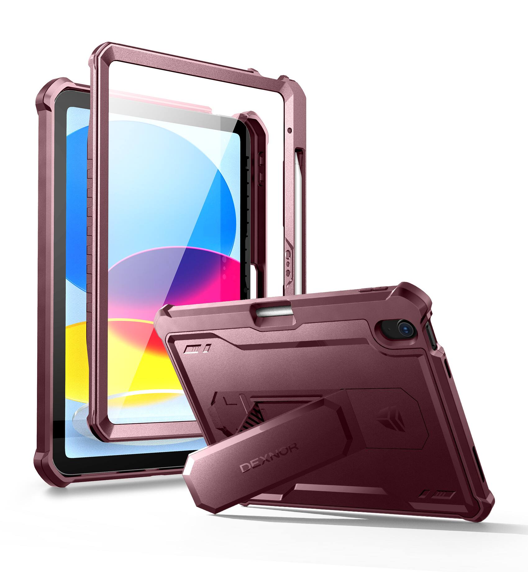 Left. Dexnor - For iPad 10th Gen/ipad 11th Gen Case with Built-in Screen Protector, Pencil Holder Heavy Duty Shockproof Full Body Cover - Maroon Red.