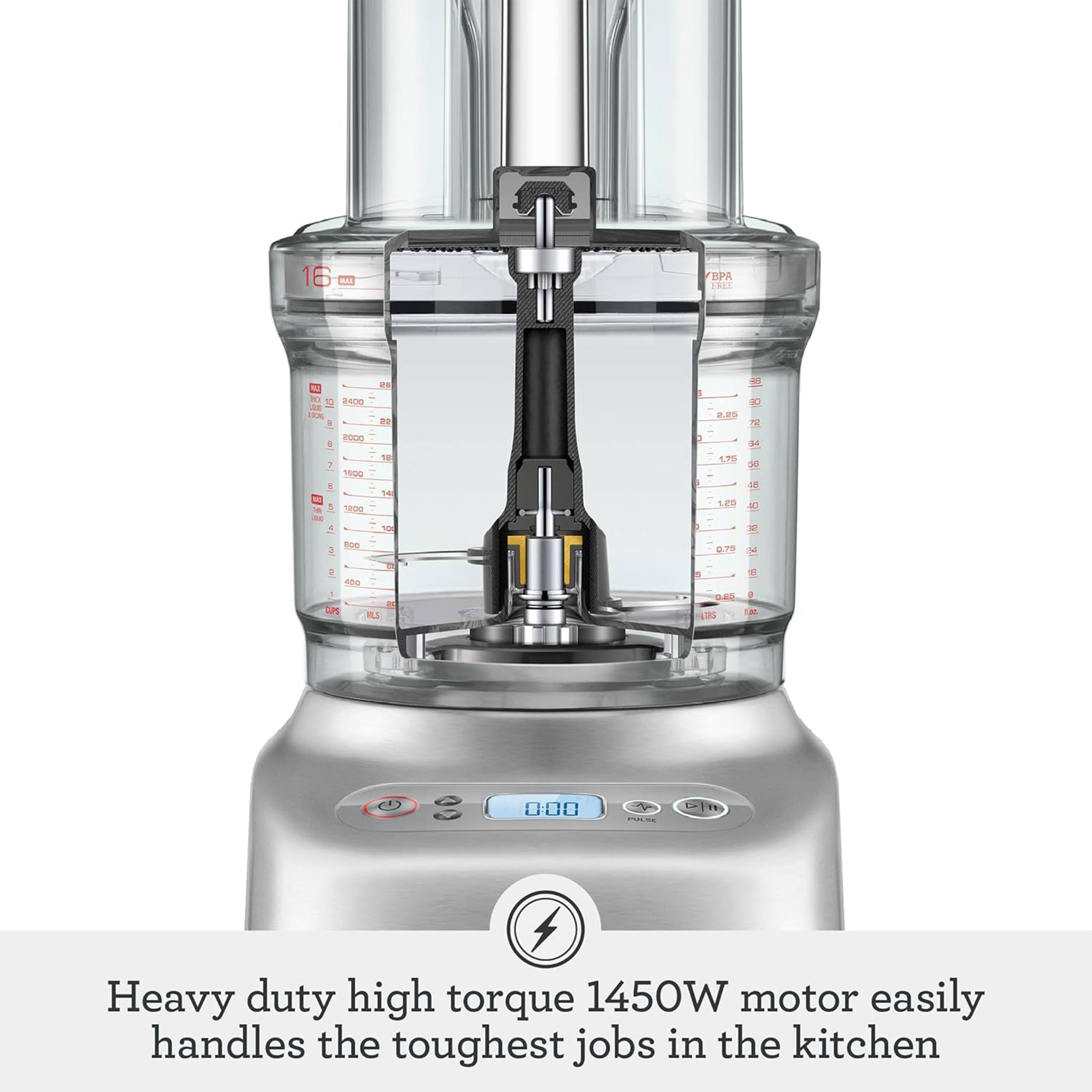Heavy duty high torque 1450W motor easily handles the toughest jobs in the kitchen