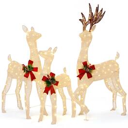Costway - 3 PCS Pre-lit Christmas Reindeer Family 3D Lighted Glitter Deer Decoration - White