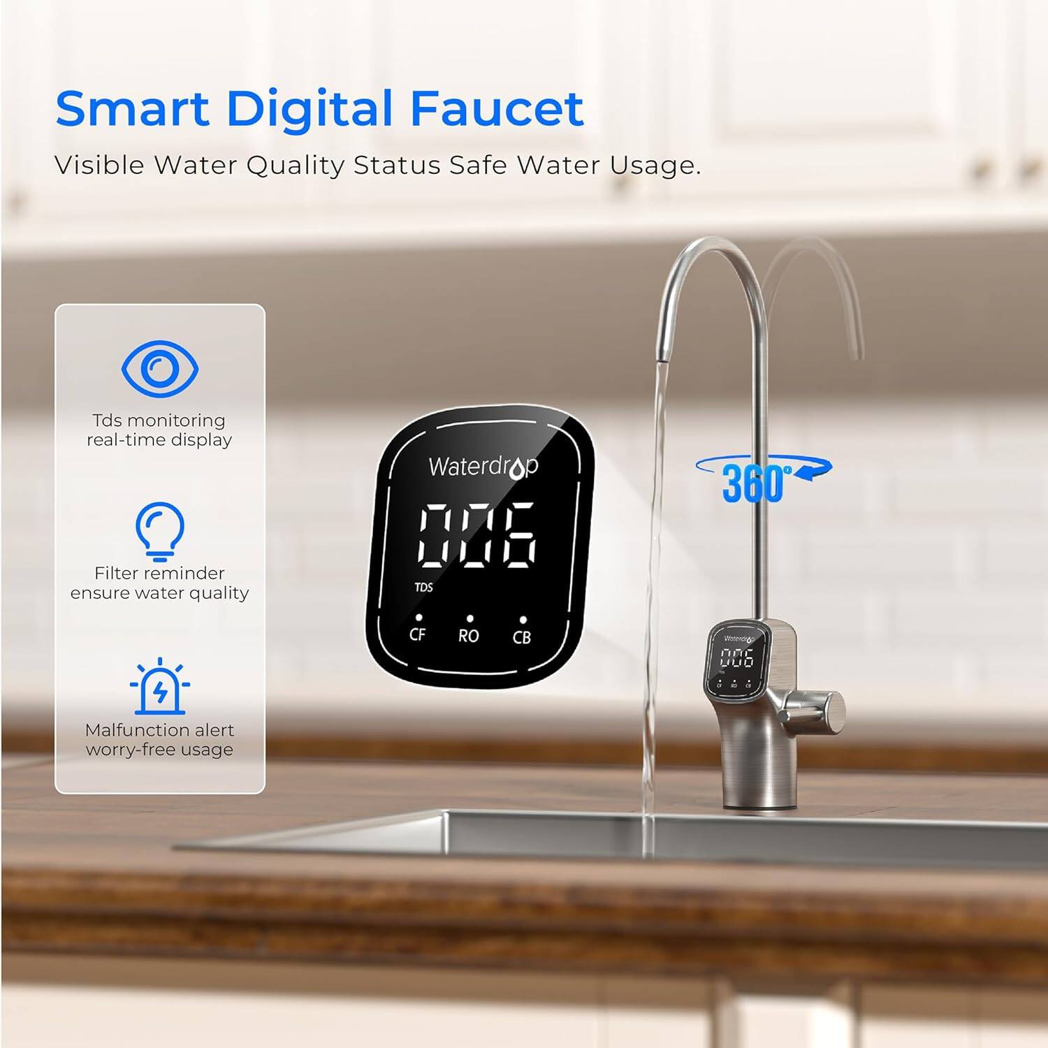 Smart Digital Faucet Visible Water Quality Status Safe Water Usage. Tds monitoring real-time display Filter reminder ensure water quality Malfunction alert worry-free usage. Waterdrop 006 TDS 360 CF RO CB.
