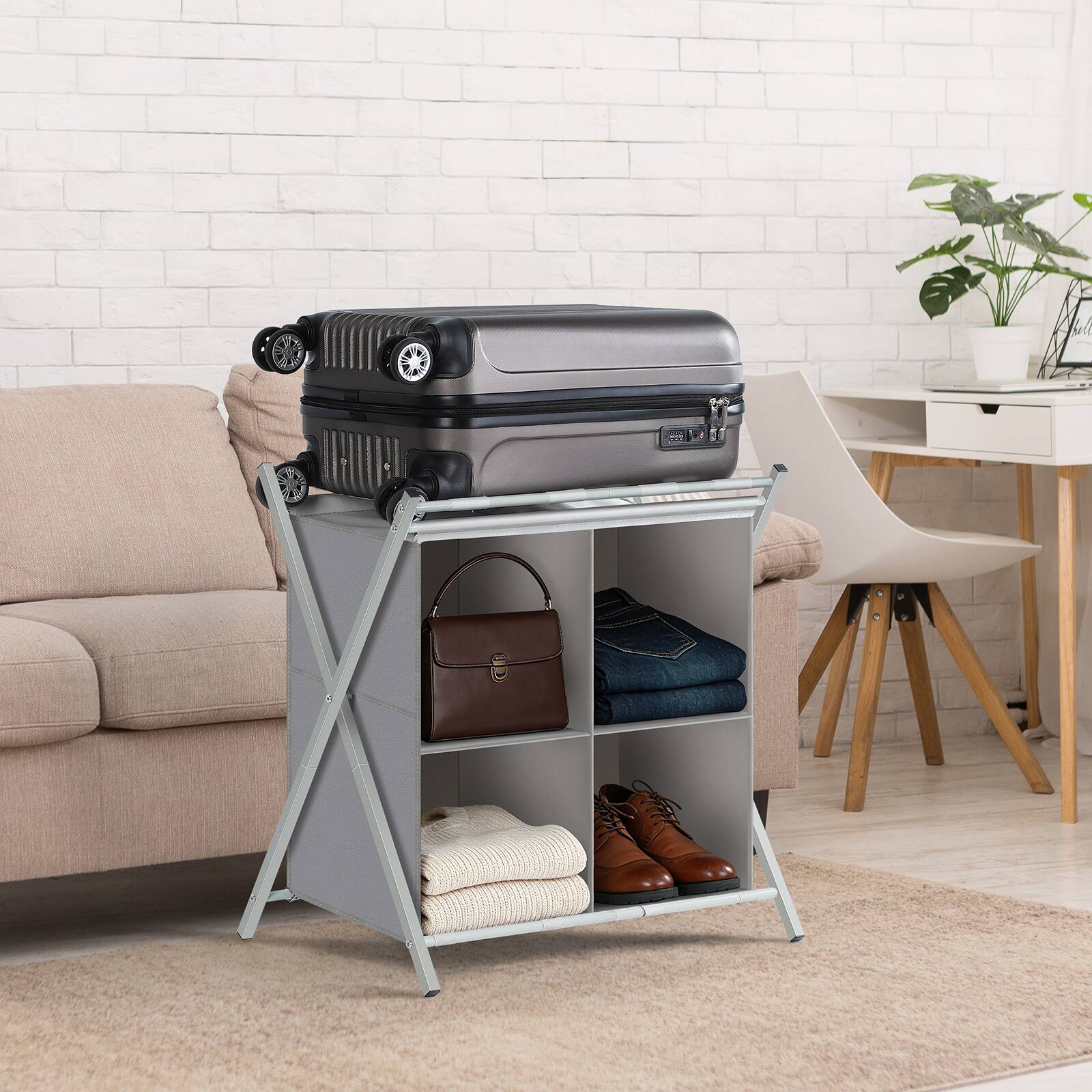 Alt View 2. Oumilen - 4 Compartments Foldable Luggage Rack with Storage Cubbies, Gray Fabric Suitcase Stand - White.
