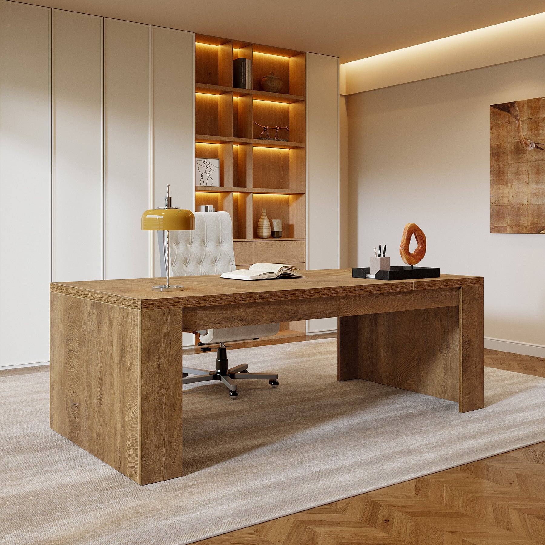 Alt View 3. Tribesigns - Office Executive Desk with Engineered Wood Construction, Pedestal Base, for Computer Work and Writing in Home Offices - Brown.