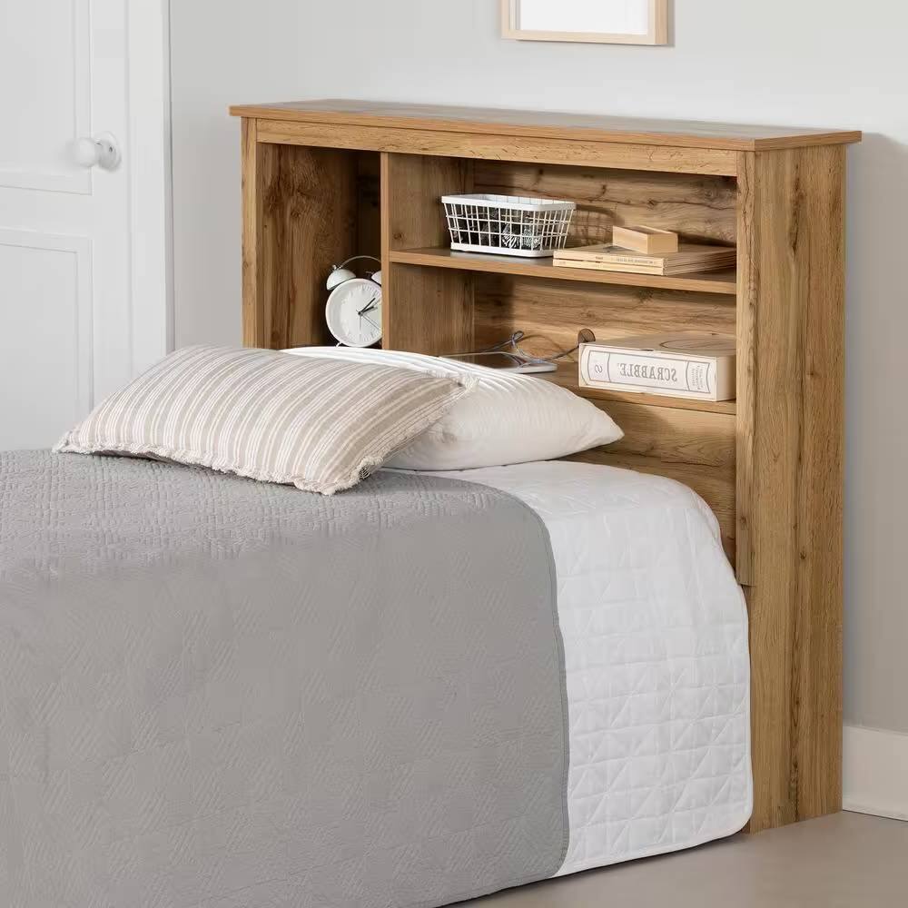 Left. Hivvago - Twin size Modern Scandinavian Style Bookcase Headboard in Oak Wood Finish - brown.