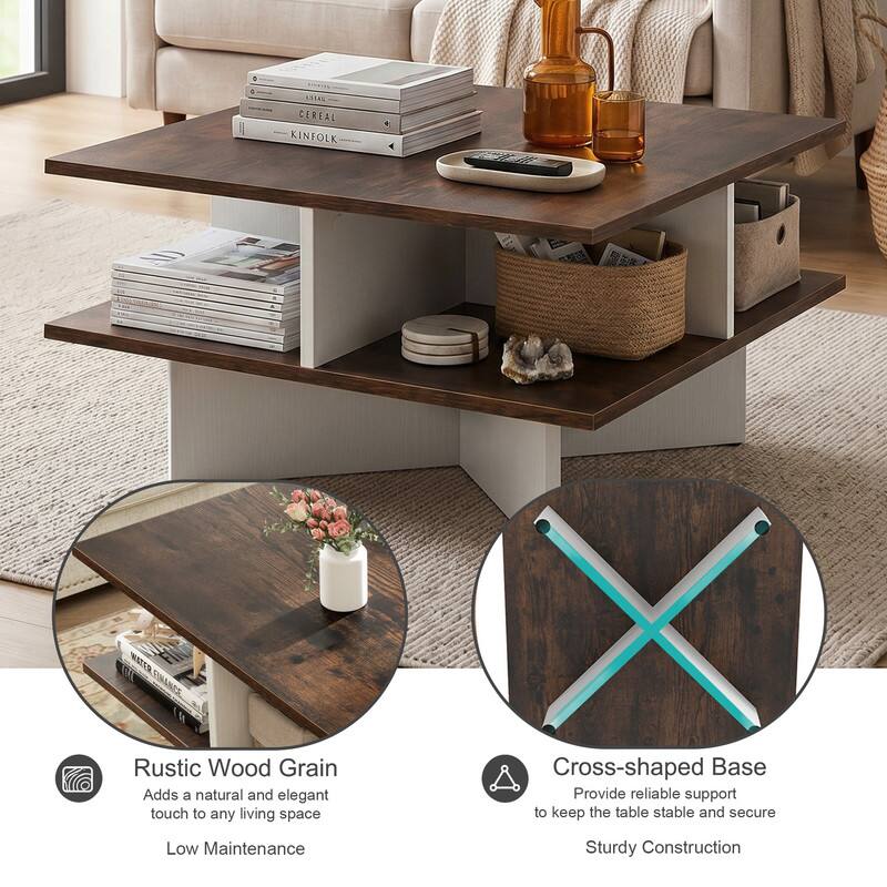 WELLFOR 2 Tier Square Coffee Table with 4 Storage Compartments ...