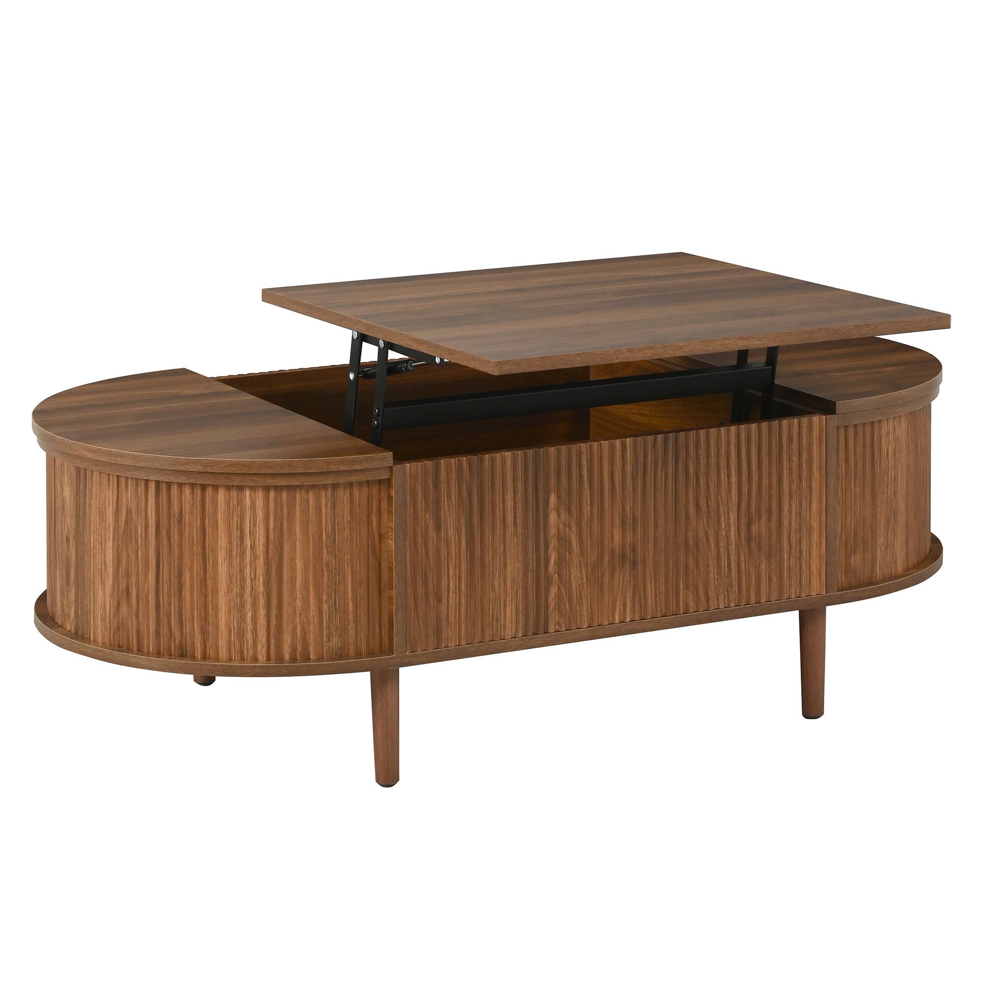 Left. Forest'nSky - Antique brown  Oval Lift-Top Coffee Table with Hidden Storage and Wood Wave - Antique brown.