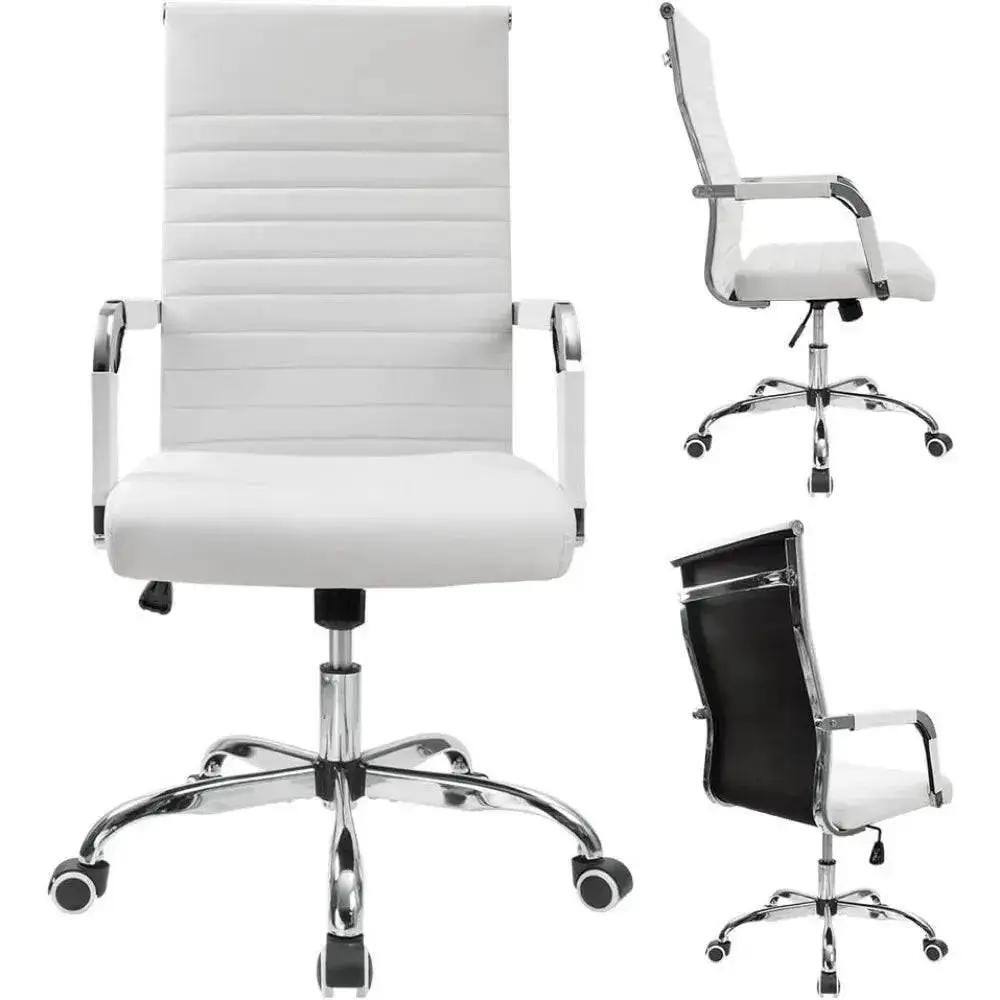 Alt View 3. Platinum-Level - Deluxe Executive Office Chair Ergonomic Ribbed PU Leather White - Black.
