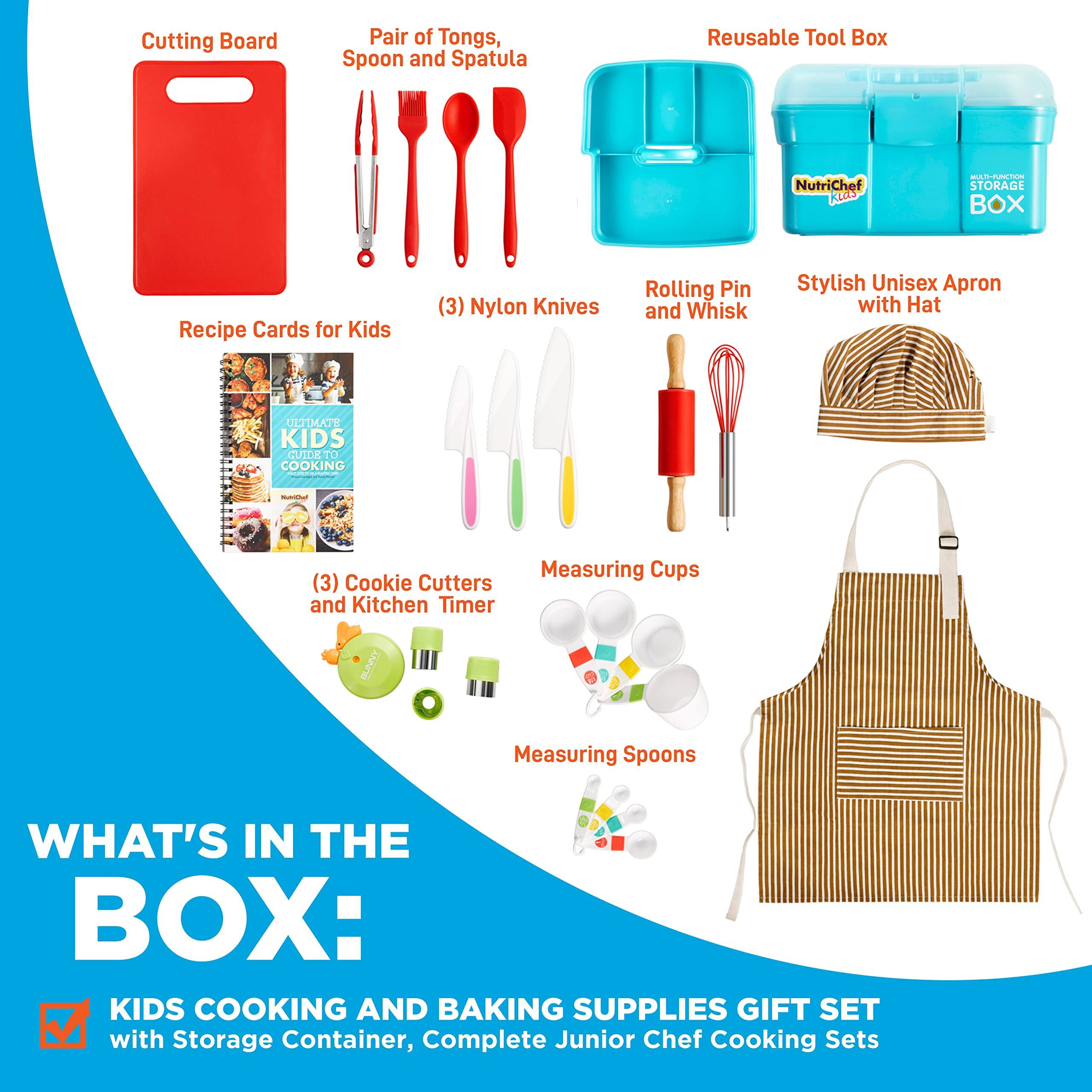 Cutting Board  
Pair of Tongs, Spoon and Spatula  
Reusable Tool Box  
Recipe Cards for Kids (3) Nylon Knives  
Rolling Pin and Whisk  
Stylish Unisex Apron with Hat  
(3) Cookie Cutters and Kitchen Timer  
Measuring Cups  
Measuring Spoons  

WHAT'S IN THE BOX:  
KIDS COOKING AND BAKING SUPPLIES GIFT SET with Storage Container, Complete Junior Chef Cooking Sets