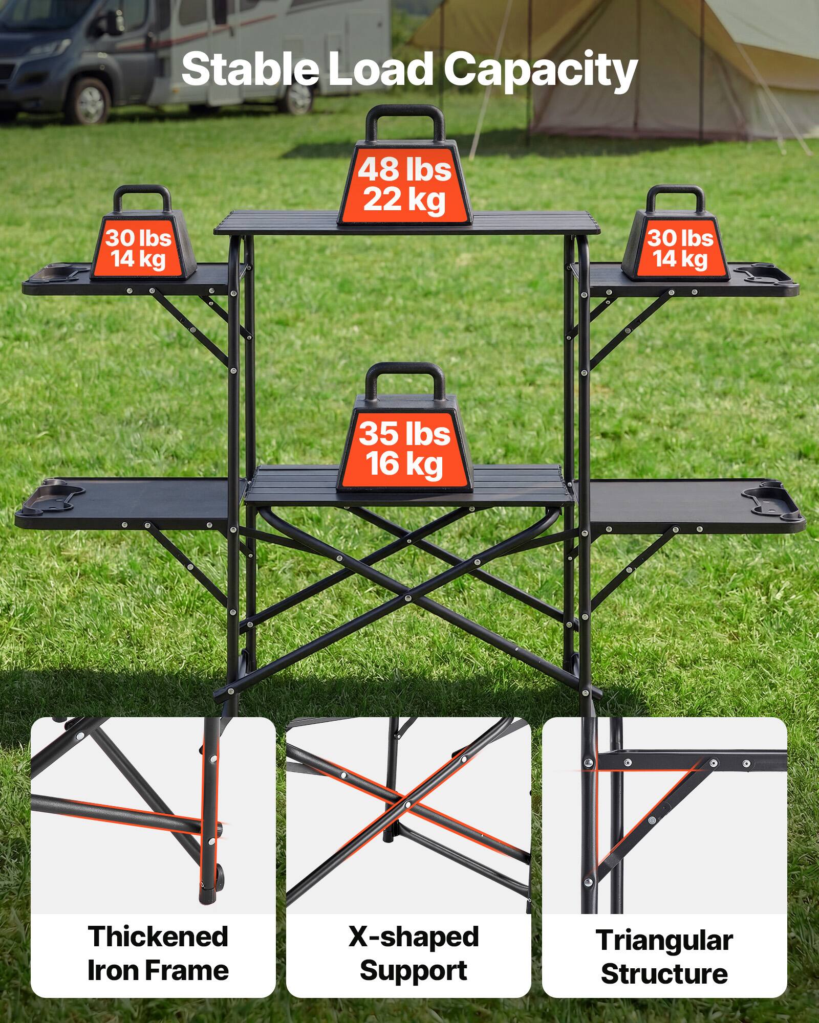 Stable Load Capacity: 30 lbs (14 kg), 48 lbs (22 kg), 30 lbs (14 kg), 35 lbs (16 kg)

Thickened Iron Frame
X-shaped Support
Triangular Structure
